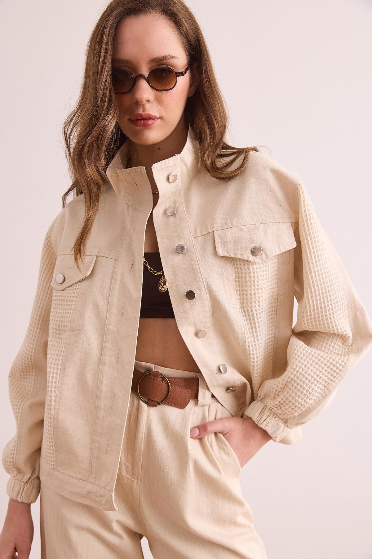 Garnili Cepli Pamuk Gabardin Ceket Ekru