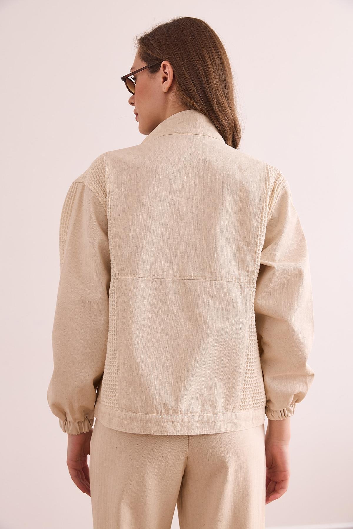 Garnili Cepli Pamuk Gabardin Ceket Ekru