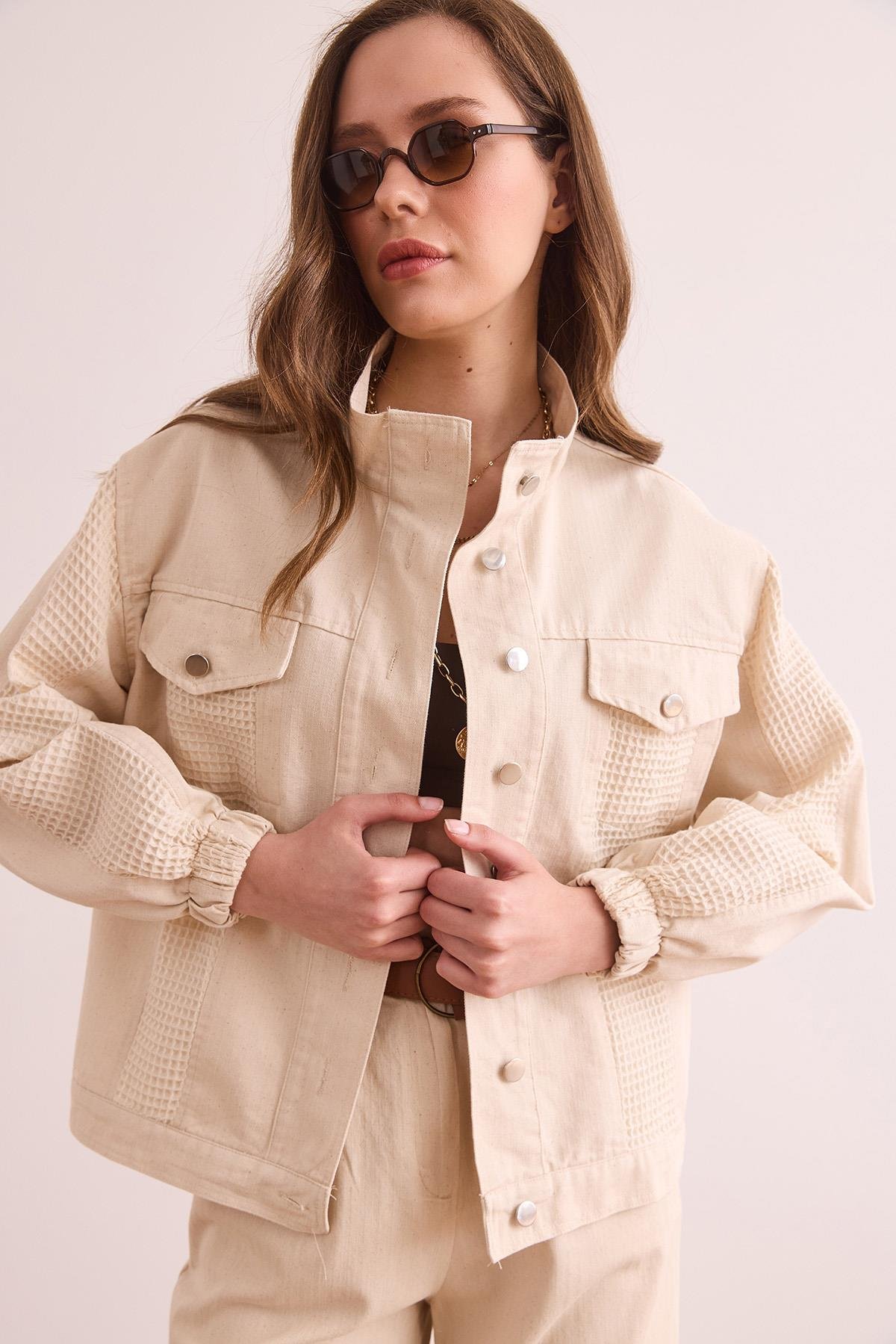 Garnili Cepli Pamuk Gabardin Ceket Ekru