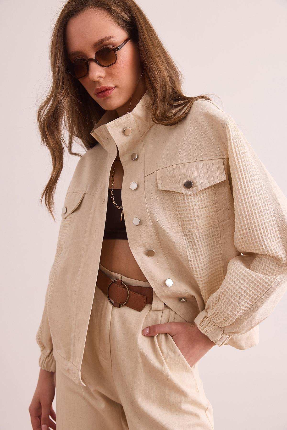 Garnili Cepli Pamuk Gabardin Ceket Ekru