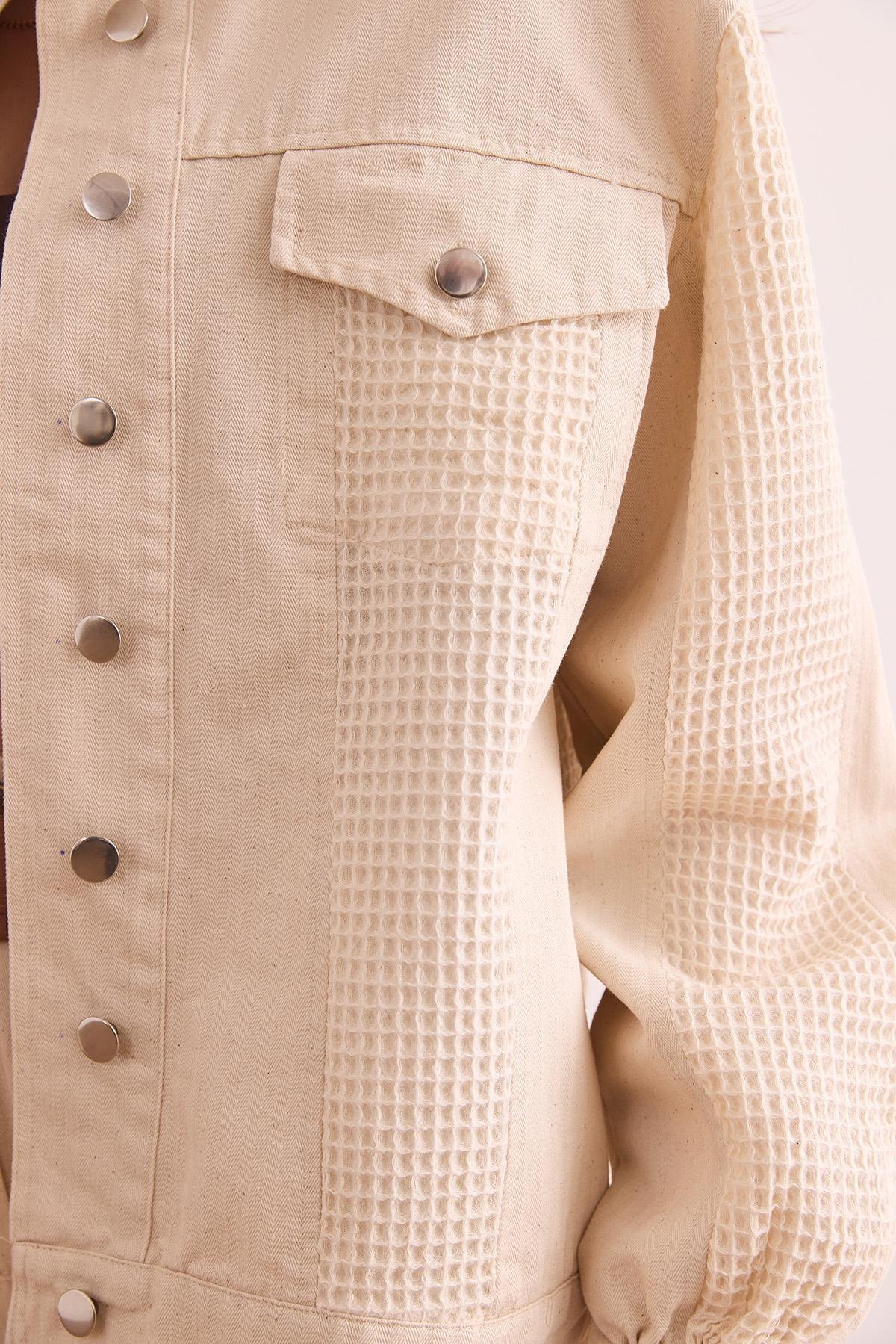 Garnili Cepli Pamuk Gabardin Ceket Ekru