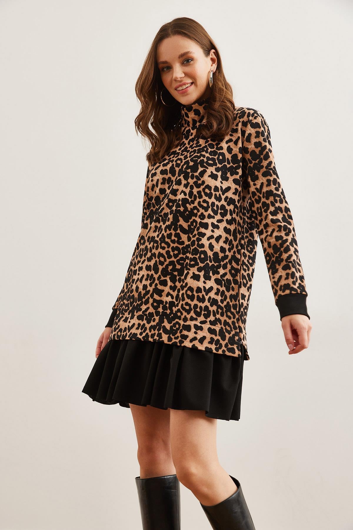 Garnili Selanik Elbise Leopar Siyah