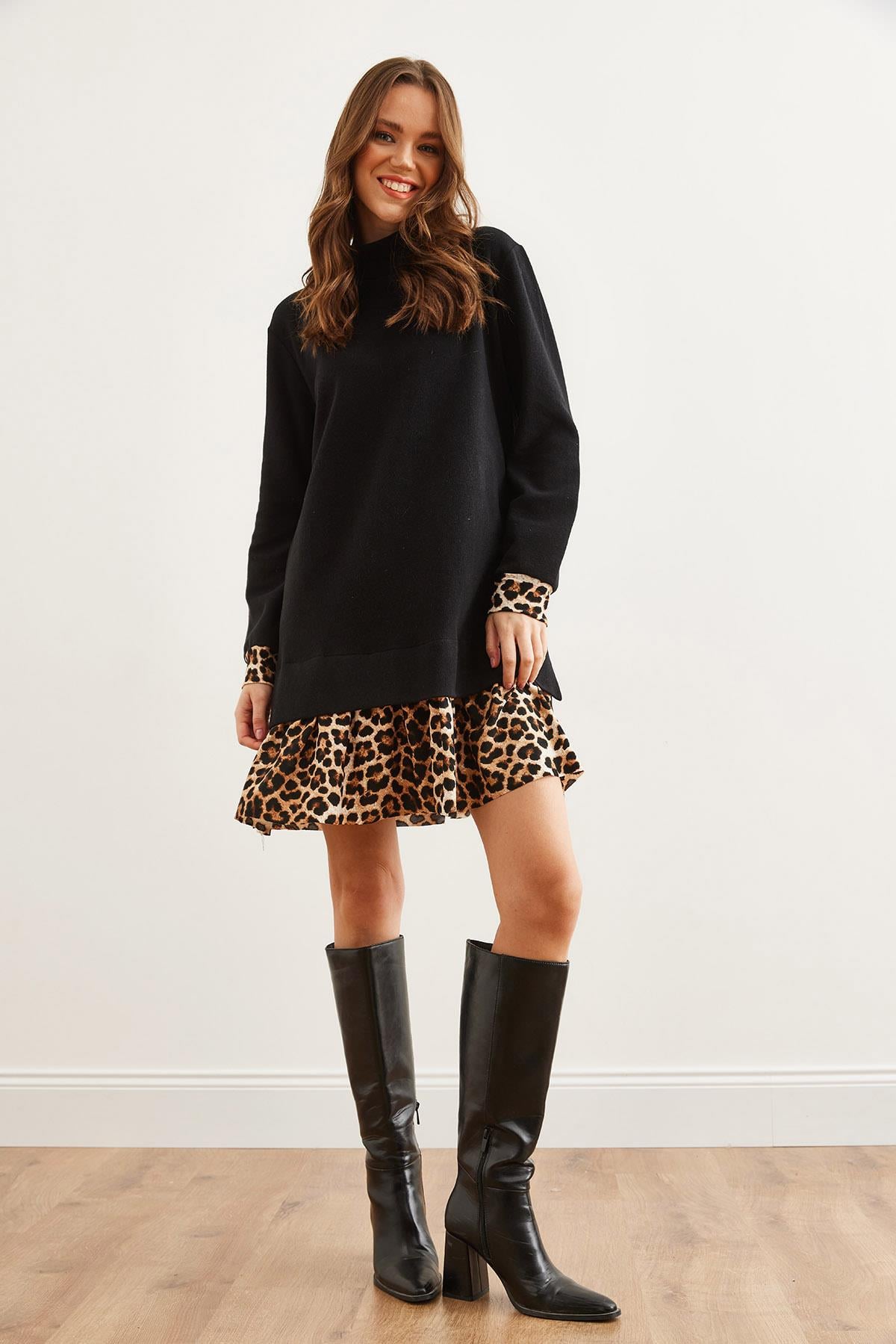 Garnili Selanik Elbise Siyah Leopar