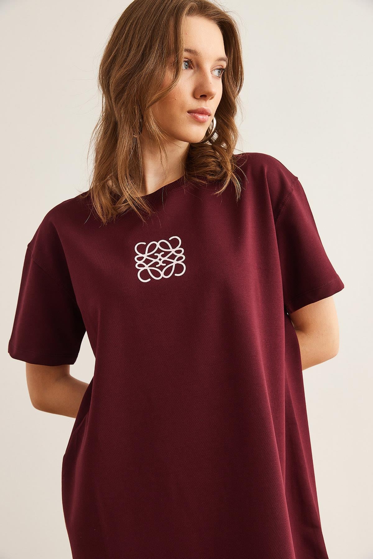 Geometrik Baskılı Tunik Elbise Bordo