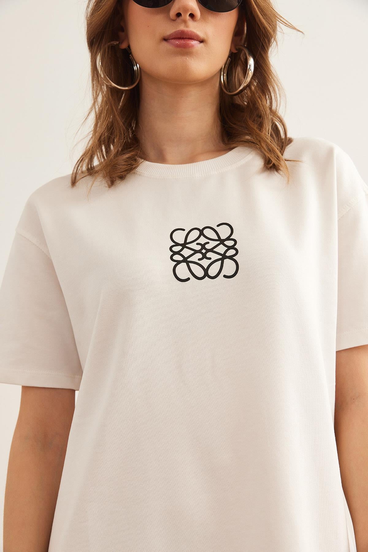 Geometrik Baskılı Tunik Elbise Ekru