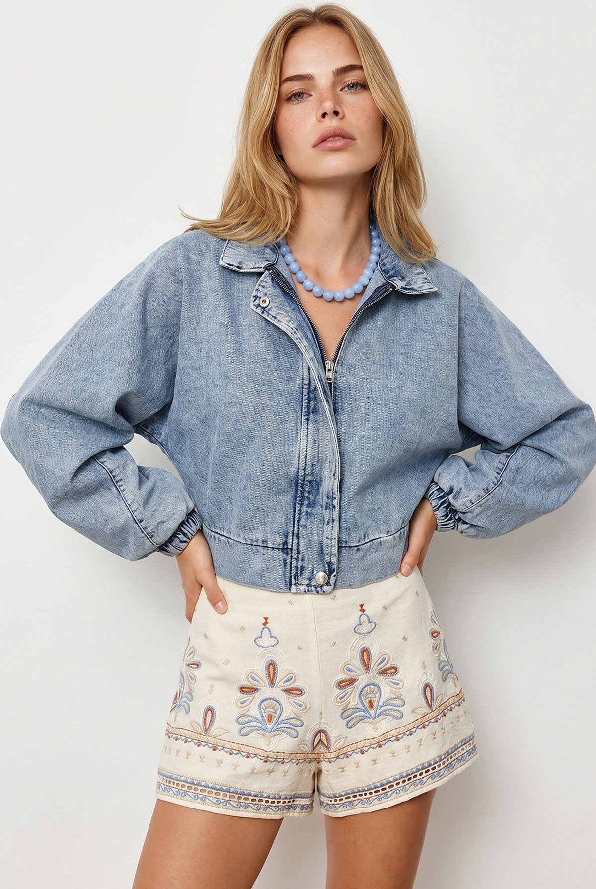 Gizli Patlı Fermuarlı Yarasa Model Denim Ceket Açık Mavi