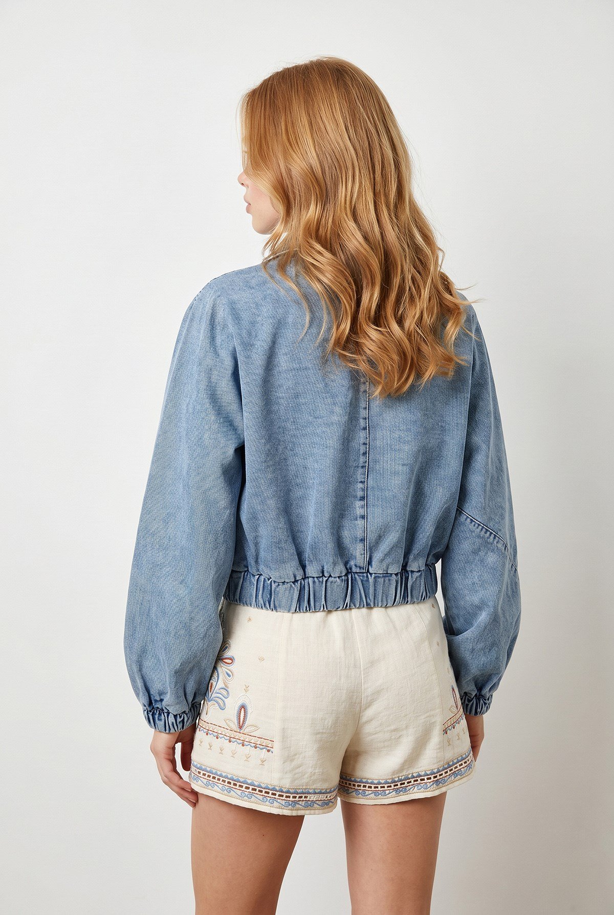 Gizli Patlı Fermuarlı Yarasa Model Denim Ceket Açık Mavi