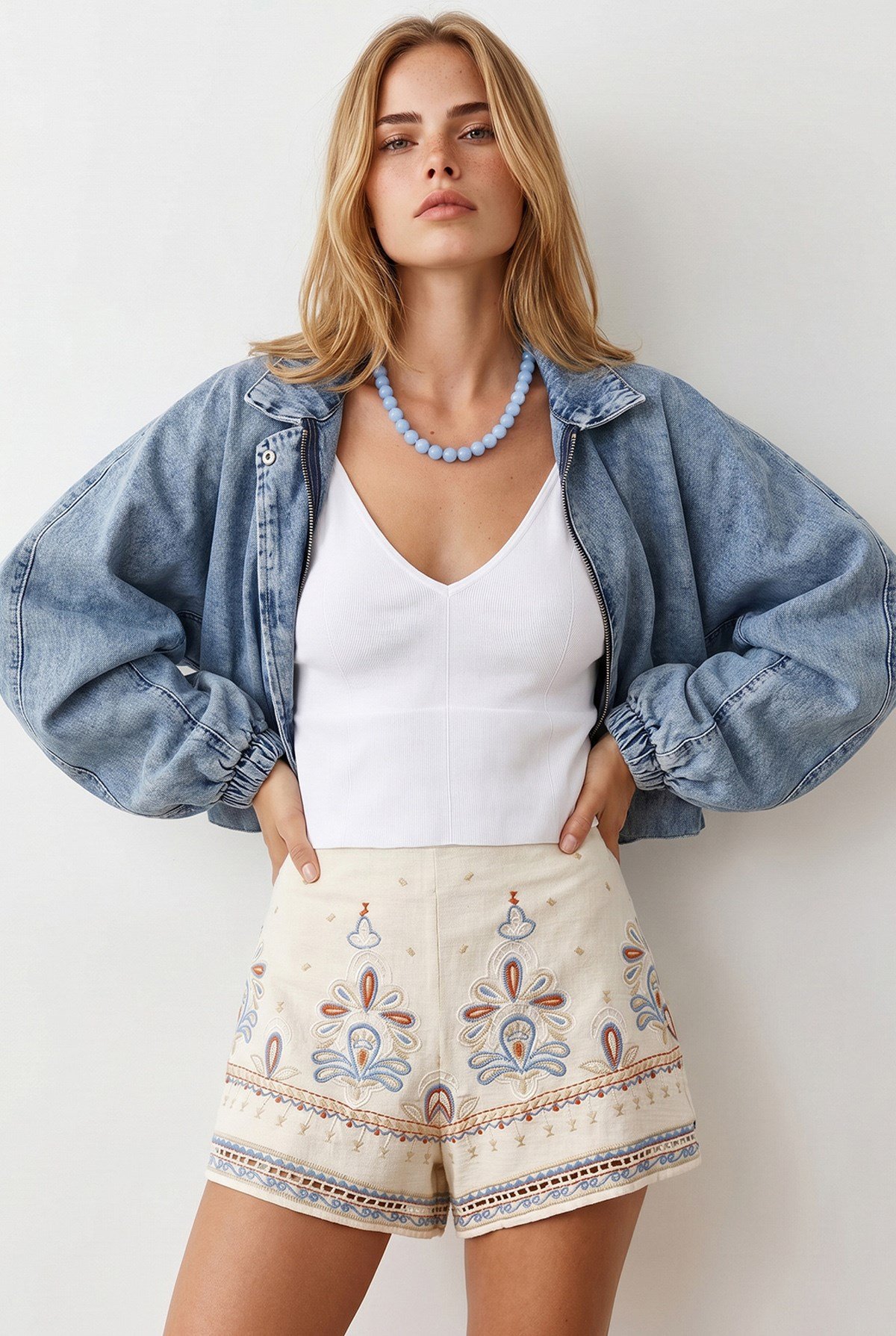 Gizli Patlı Fermuarlı Yarasa Model Denim Ceket Açık Mavi