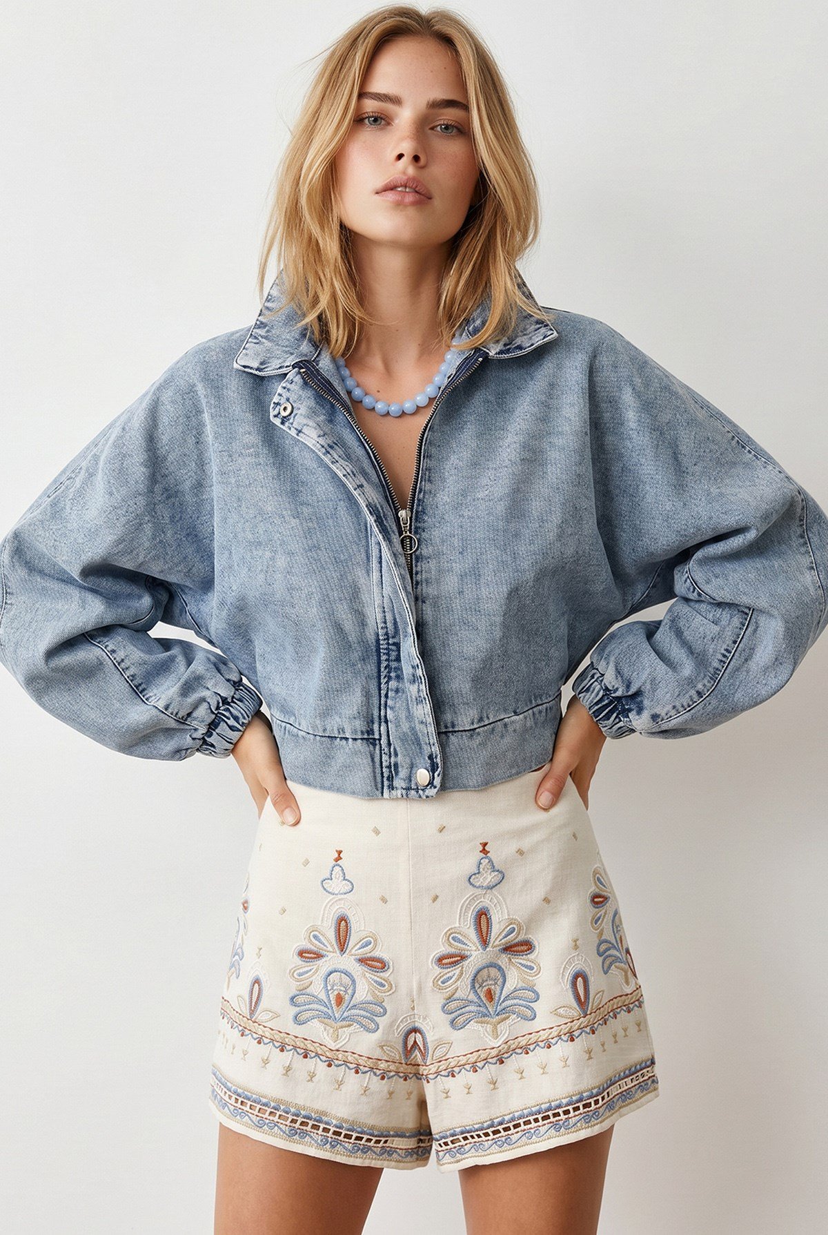 Gizli Patlı Fermuarlı Yarasa Model Denim Ceket Açık Mavi