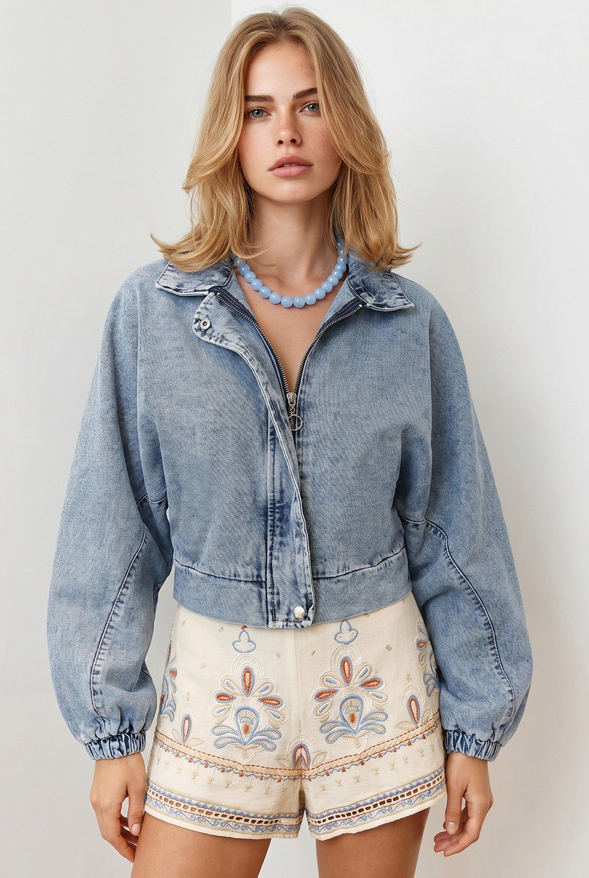 Gizli Patlı Fermuarlı Yarasa Model Denim Ceket Açık Mavi