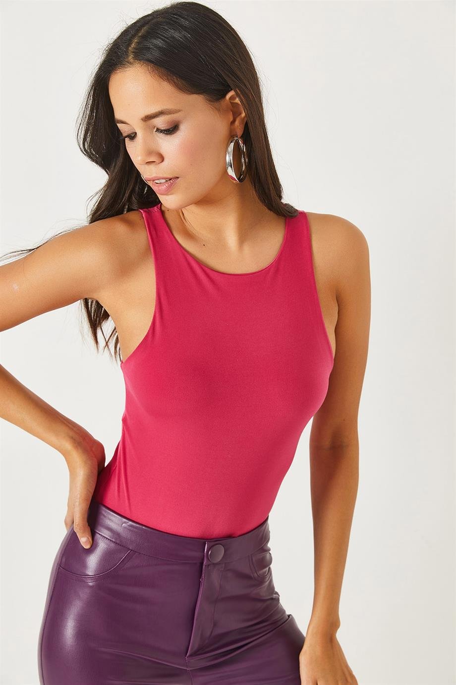 Göğüs Ek Parçalı Altı Çıtçıtlı Bodysuit Fuşya
