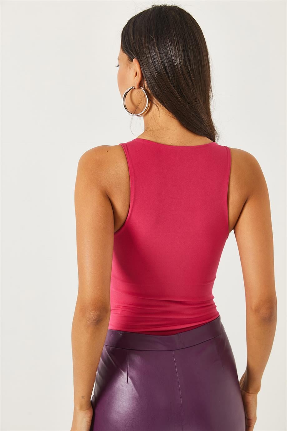 Göğüs Ek Parçalı Altı Çıtçıtlı Bodysuit Fuşya