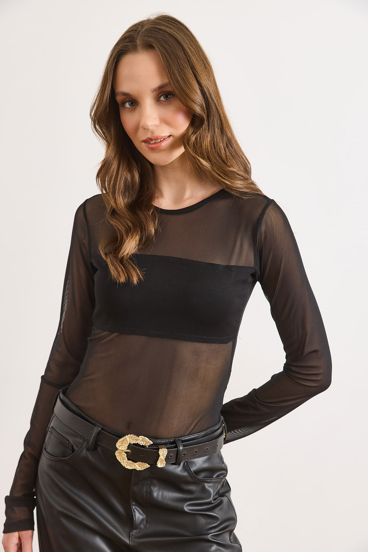 Göğüsü Parçalı Altı Çıtçıtlı Transparan Bodysuit Siyah