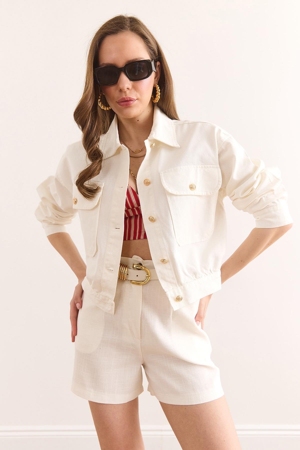 Gold Düğmeli Gabardin Pamuk Ceket Ekru