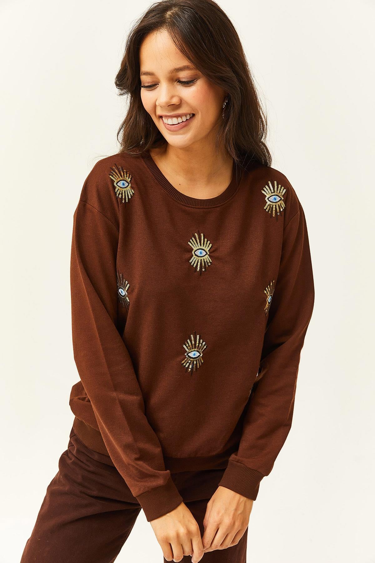 Göz Nakışlı Mevsimlik Sweatshirt Acı Kahve