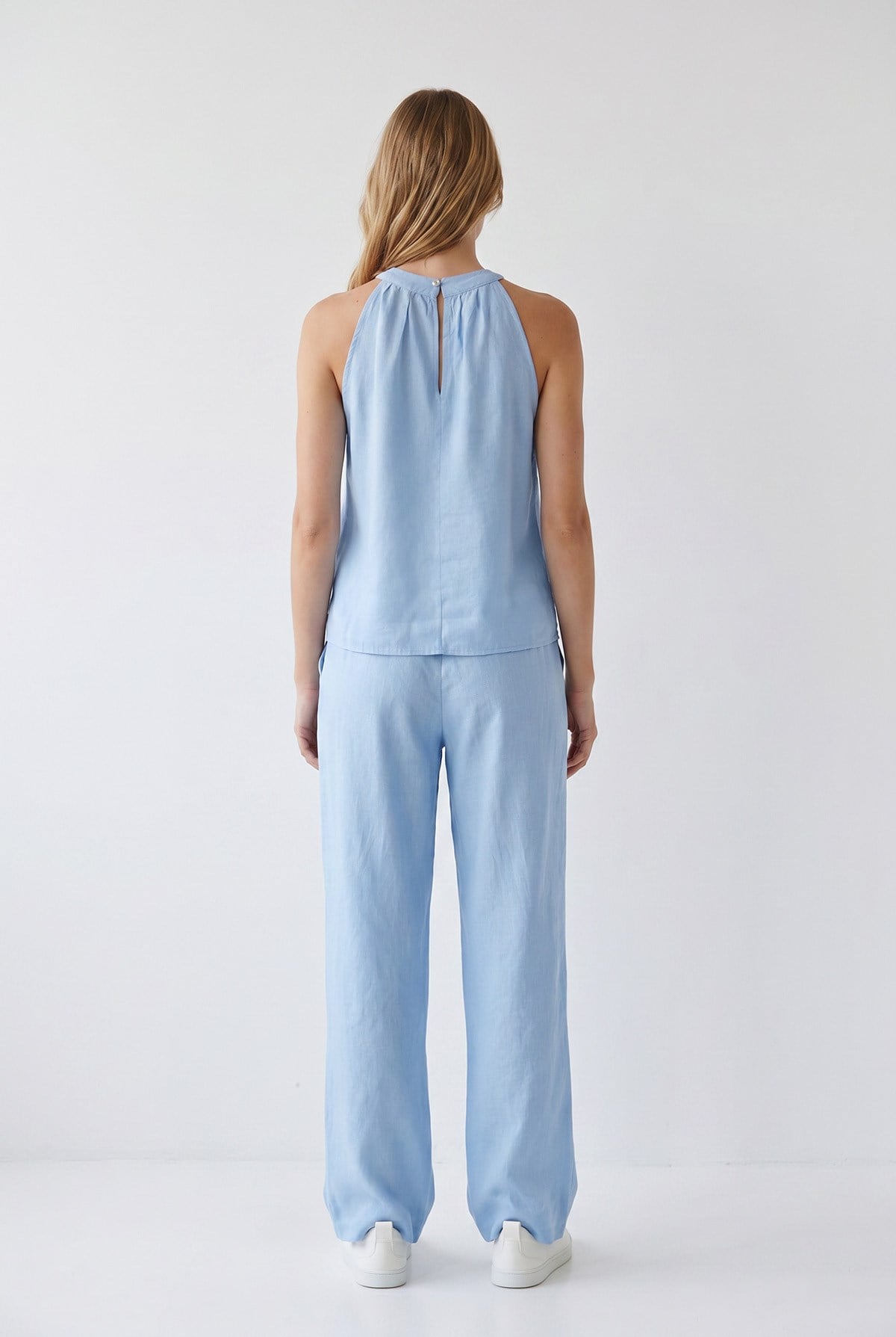 Halter Yaka Bluz Cepli Pantolon Takım Bebe Mavi