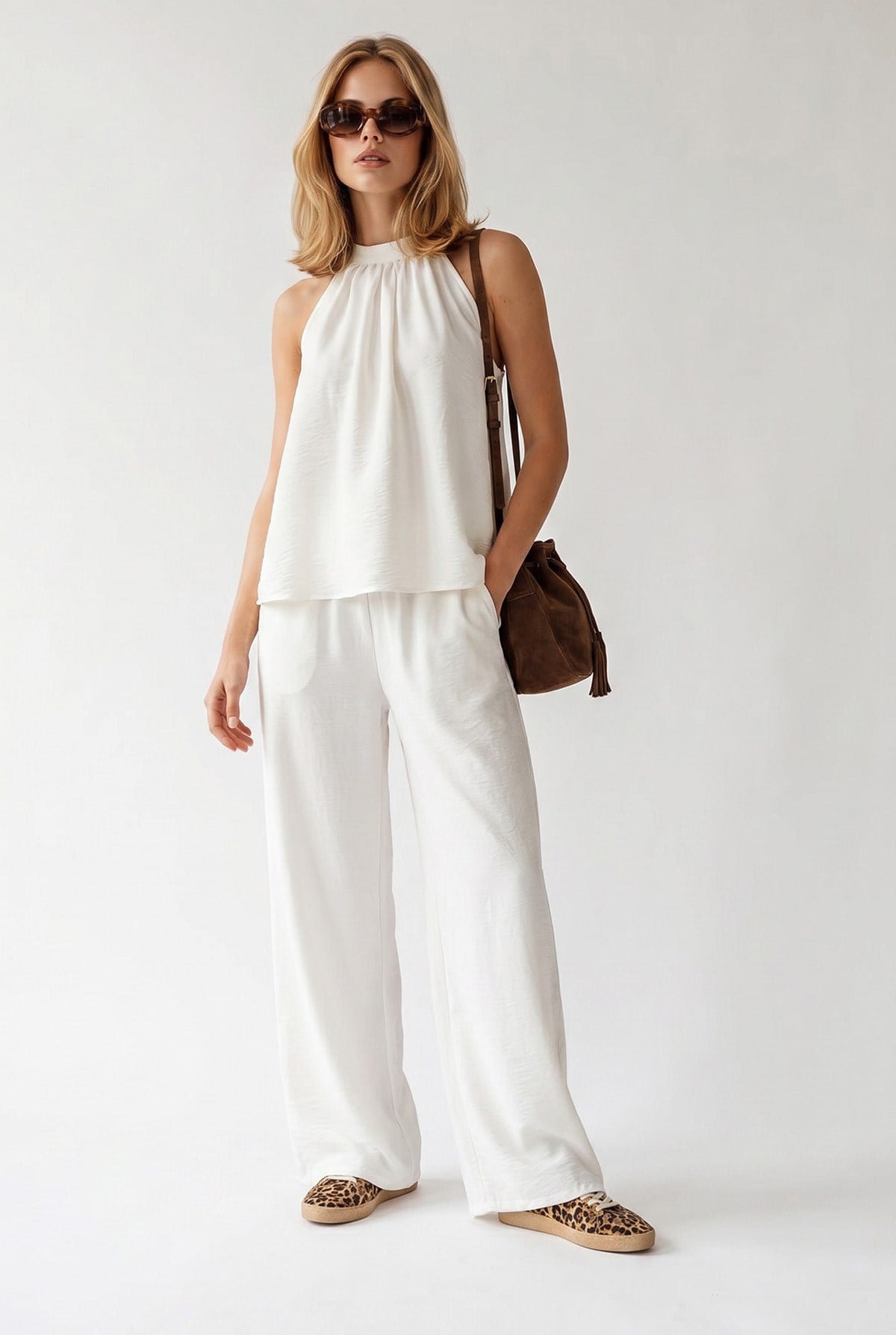 Halter Yaka Bluz Cepli Pantolon Takım Beyaz