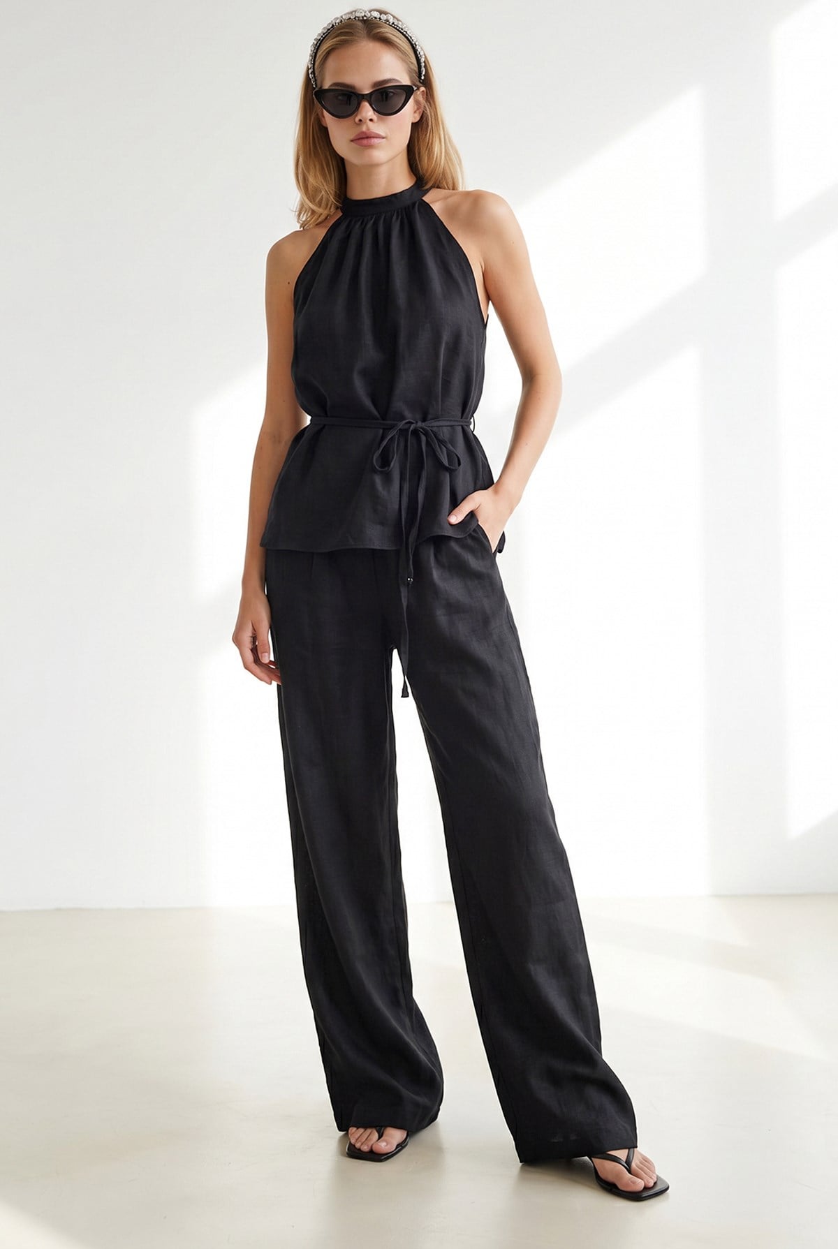 Halter Yaka Bluz Cepli Pantolon Takım Siyah