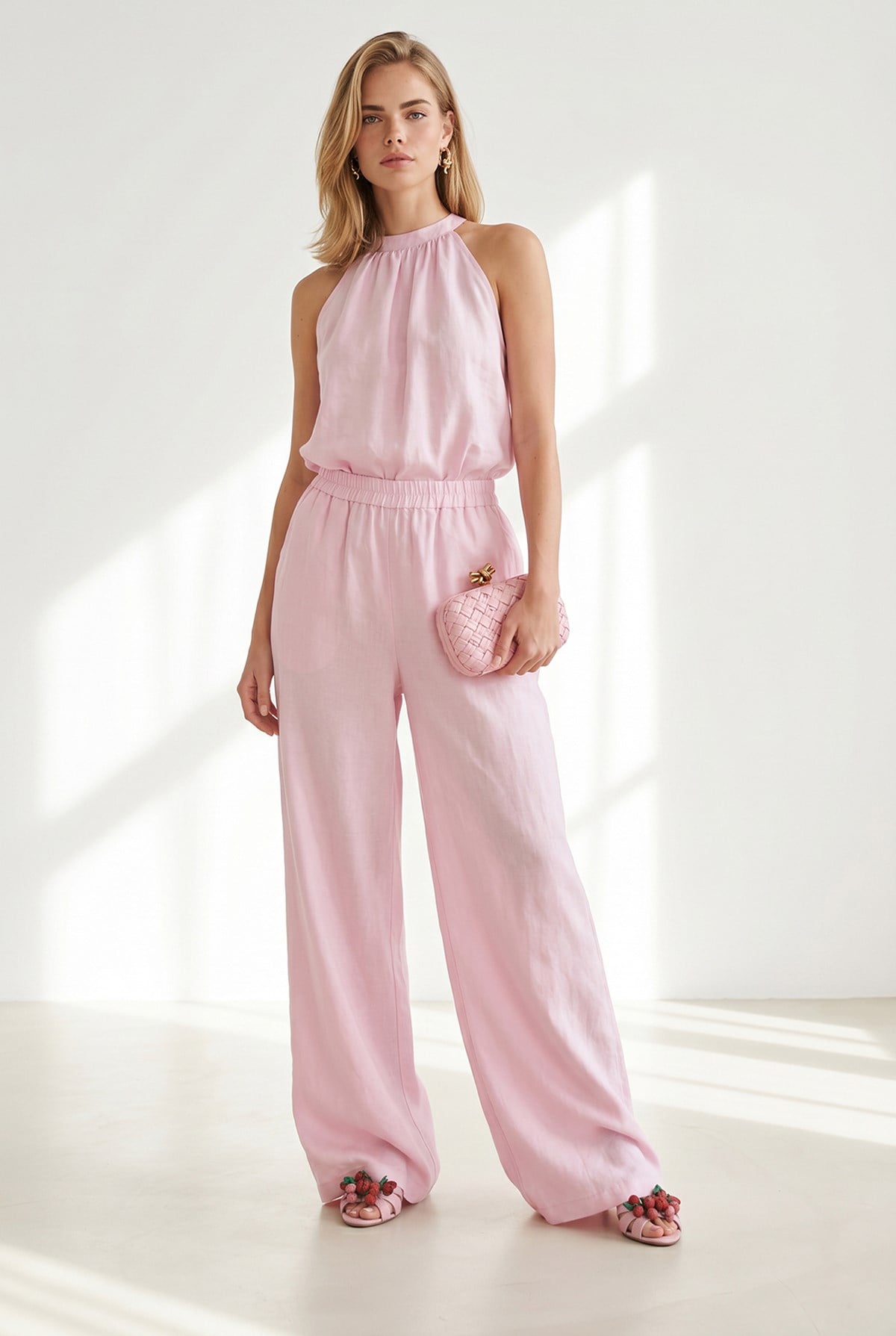 Halter Yaka Bluz Cepli Pantolon Takım Pembe
