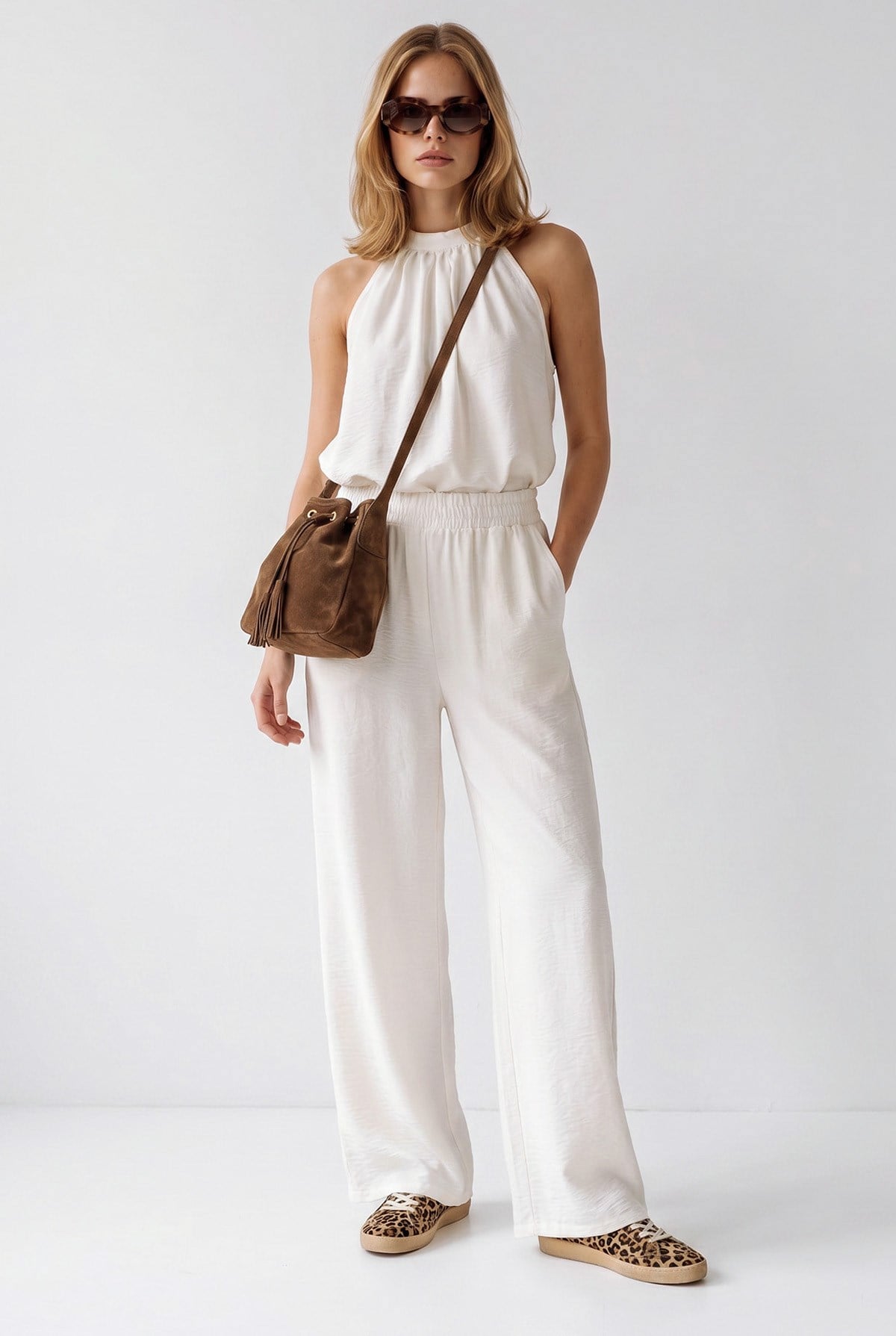 Halter Yaka Bluz Cepli Pantolon Takım Beyaz