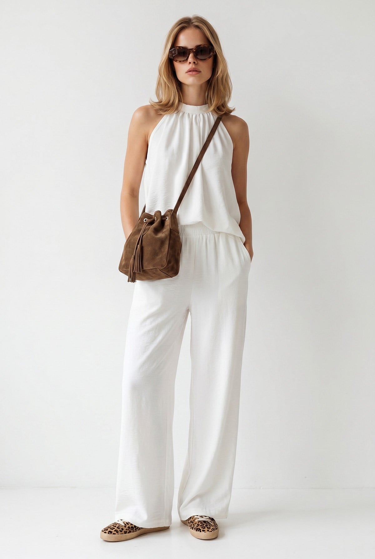 Halter Yaka Bluz Cepli Pantolon Takım Beyaz
