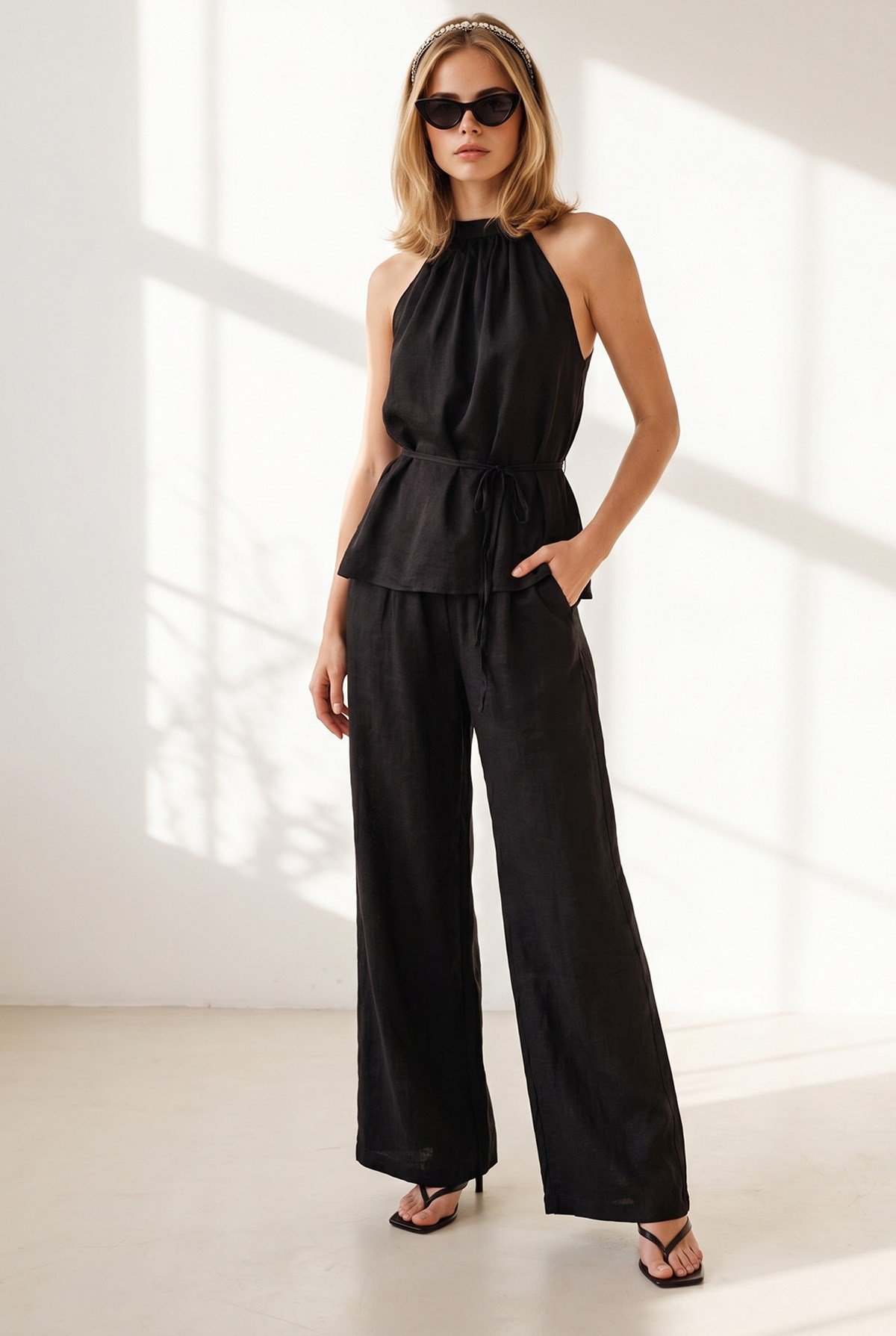 Halter Yaka Bluz Cepli Pantolon Takım Siyah