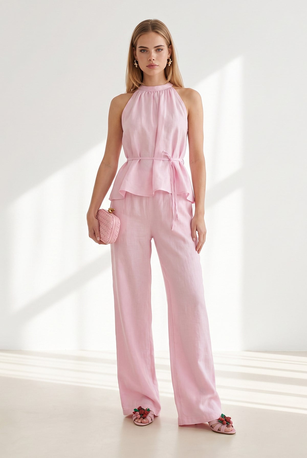 Halter Yaka Bluz Cepli Pantolon Takım Pembe