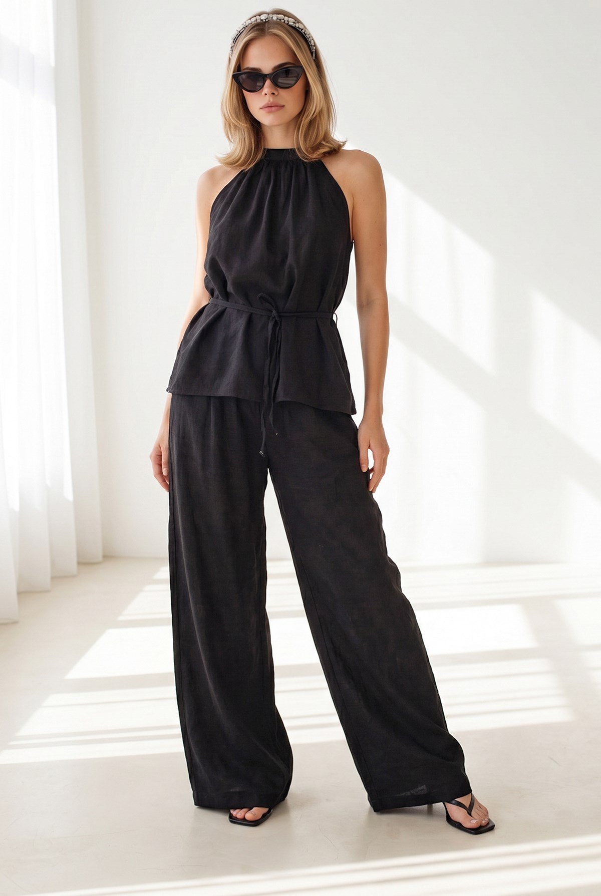 Halter Yaka Bluz Cepli Pantolon Takım Siyah