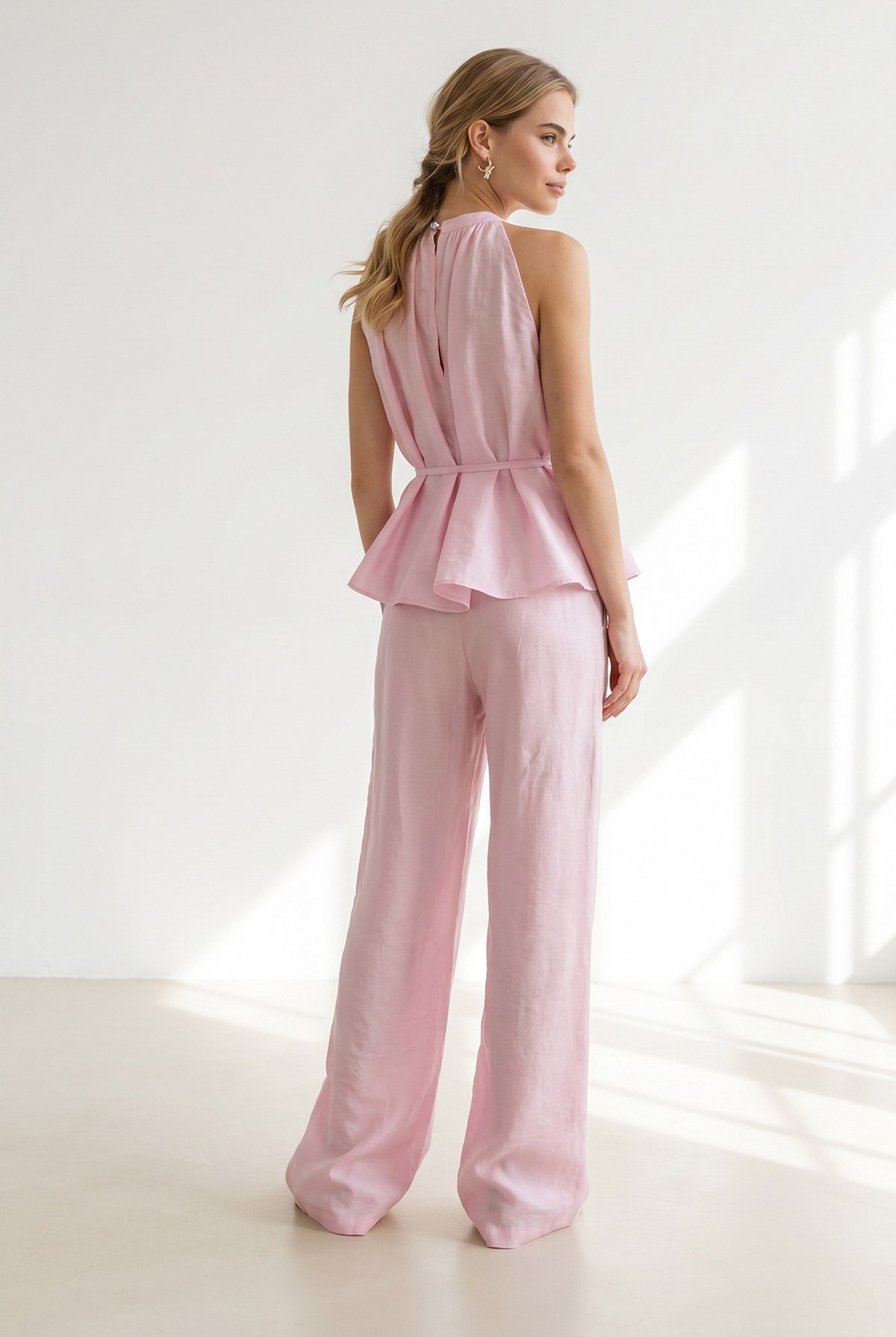Halter Yaka Bluz Cepli Pantolon Takım Pembe