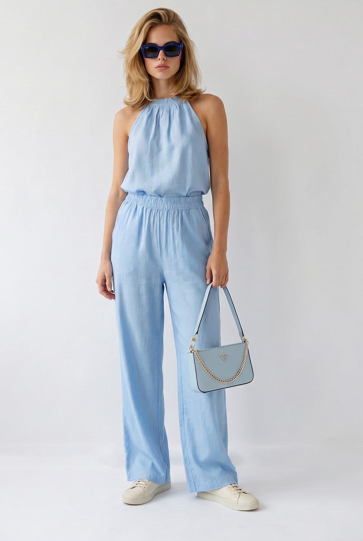 Halter Yaka Bluz Cepli Pantolon Takım Bebe Mavi