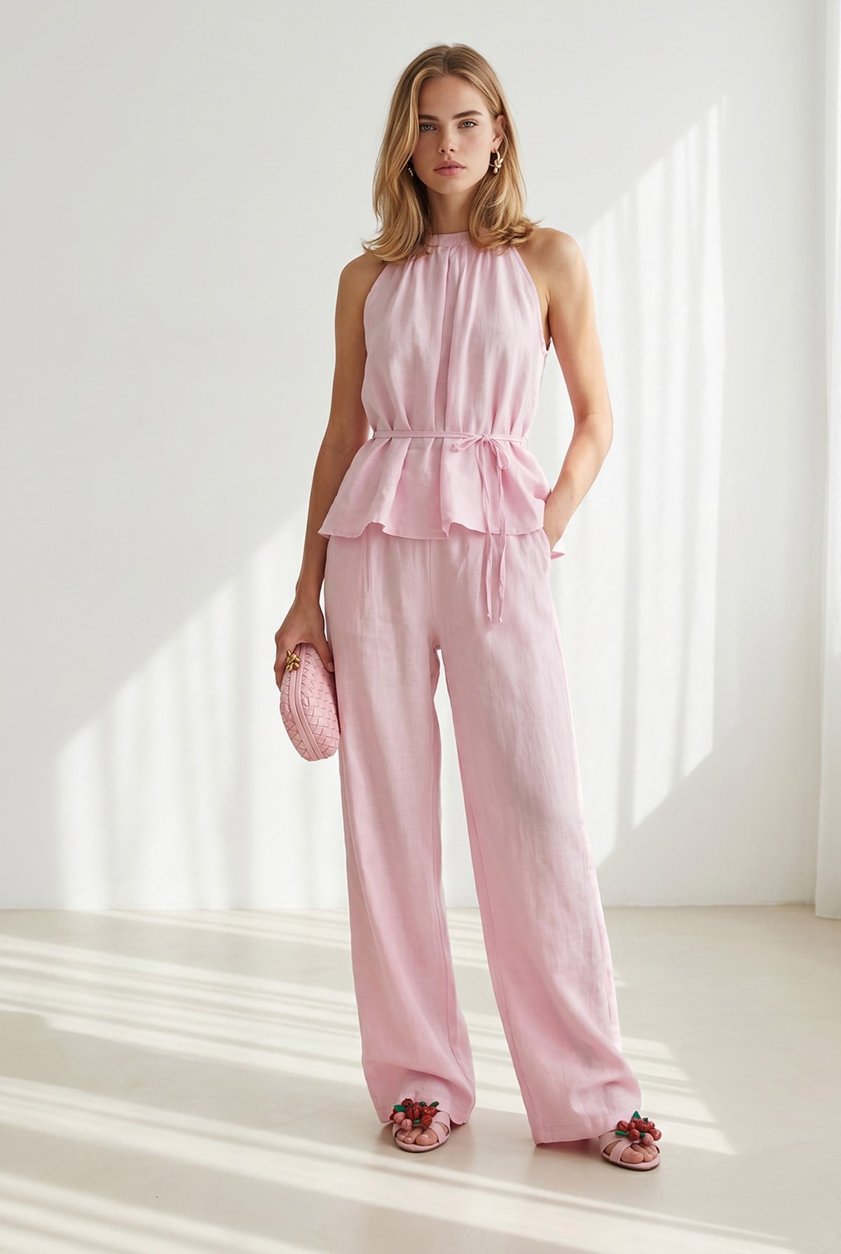Halter Yaka Bluz Cepli Pantolon Takım Pembe