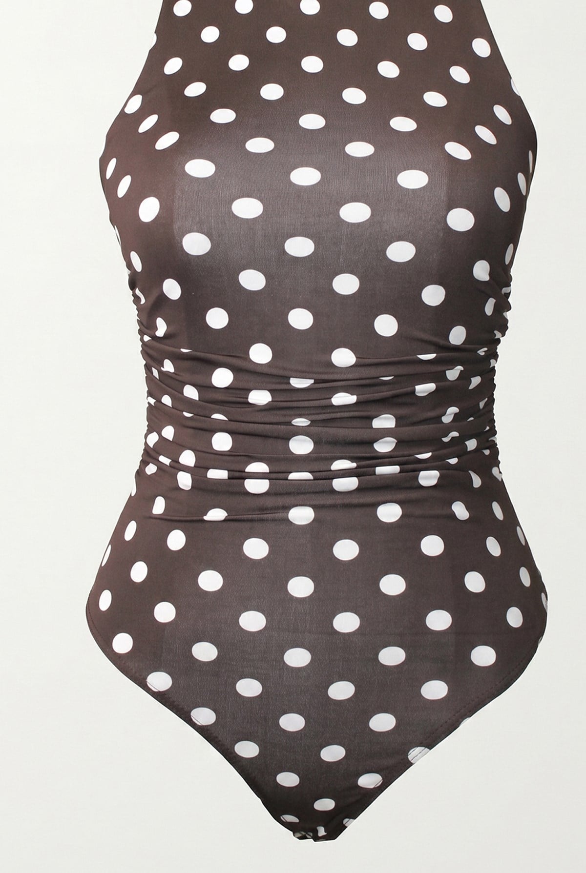 Halter Yaka Düğmeli Altı Çıtçıtlı Bodysuit Puantiye Kahverengi