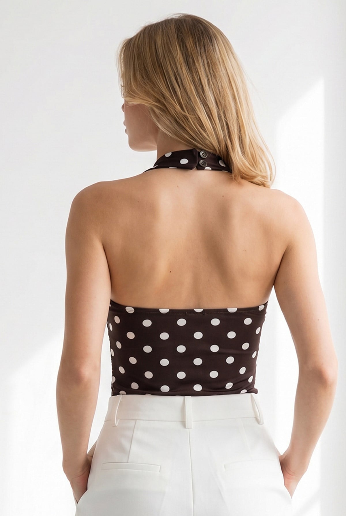 Halter Yaka Düğmeli Altı Çıtçıtlı Bodysuit Puantiye Kahverengi