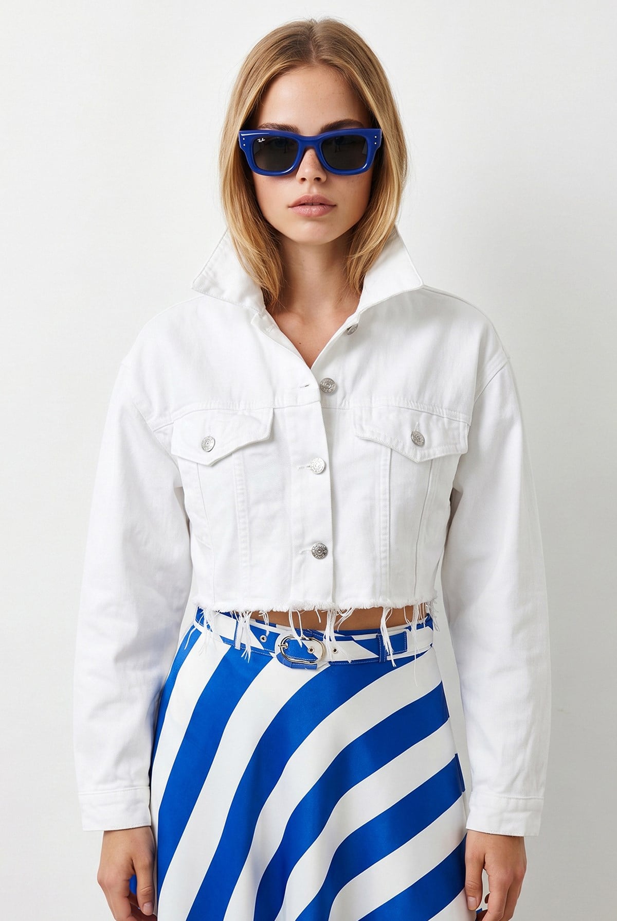 Ham Kesim Crop Denim Ceket Beyaz