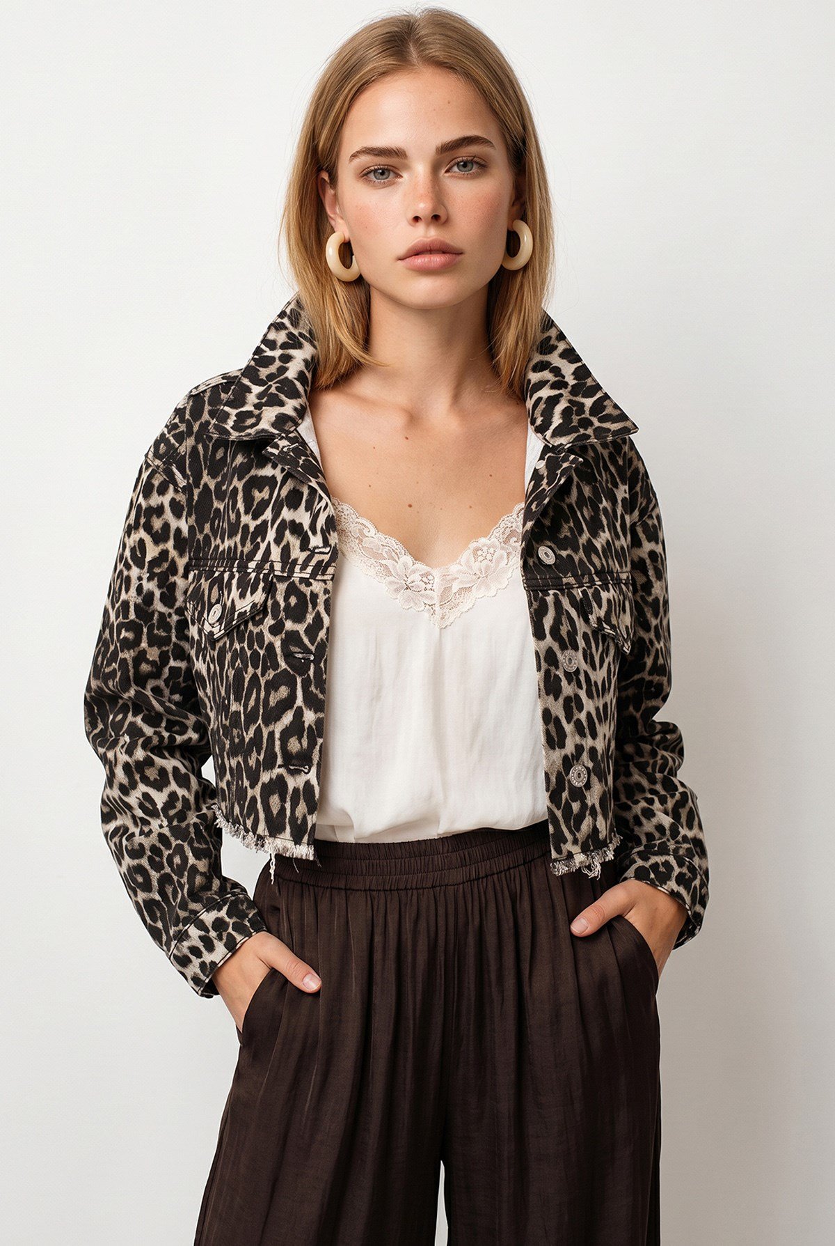 Ham Kesim Crop Denim Ceket Leopar Taş
