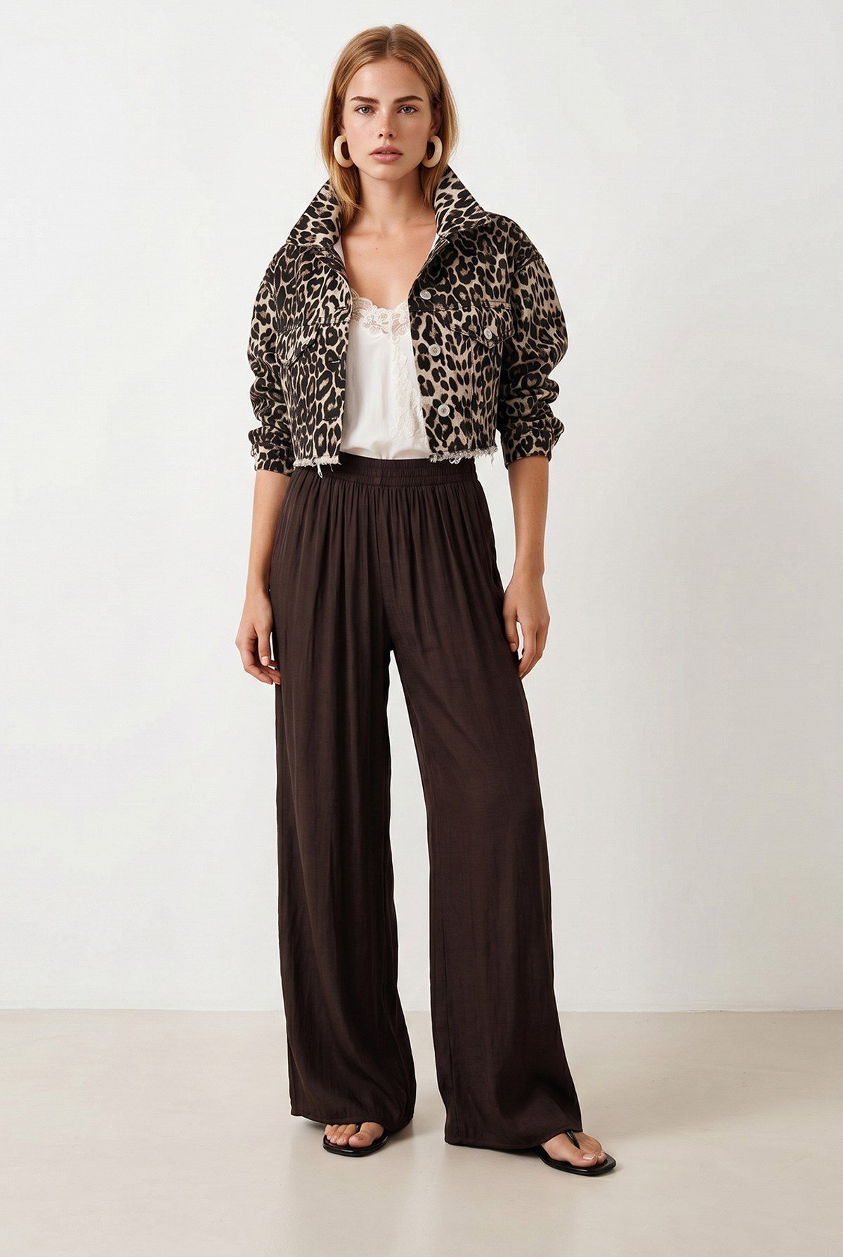 Ham Kesim Crop Denim Ceket Leopar Taş