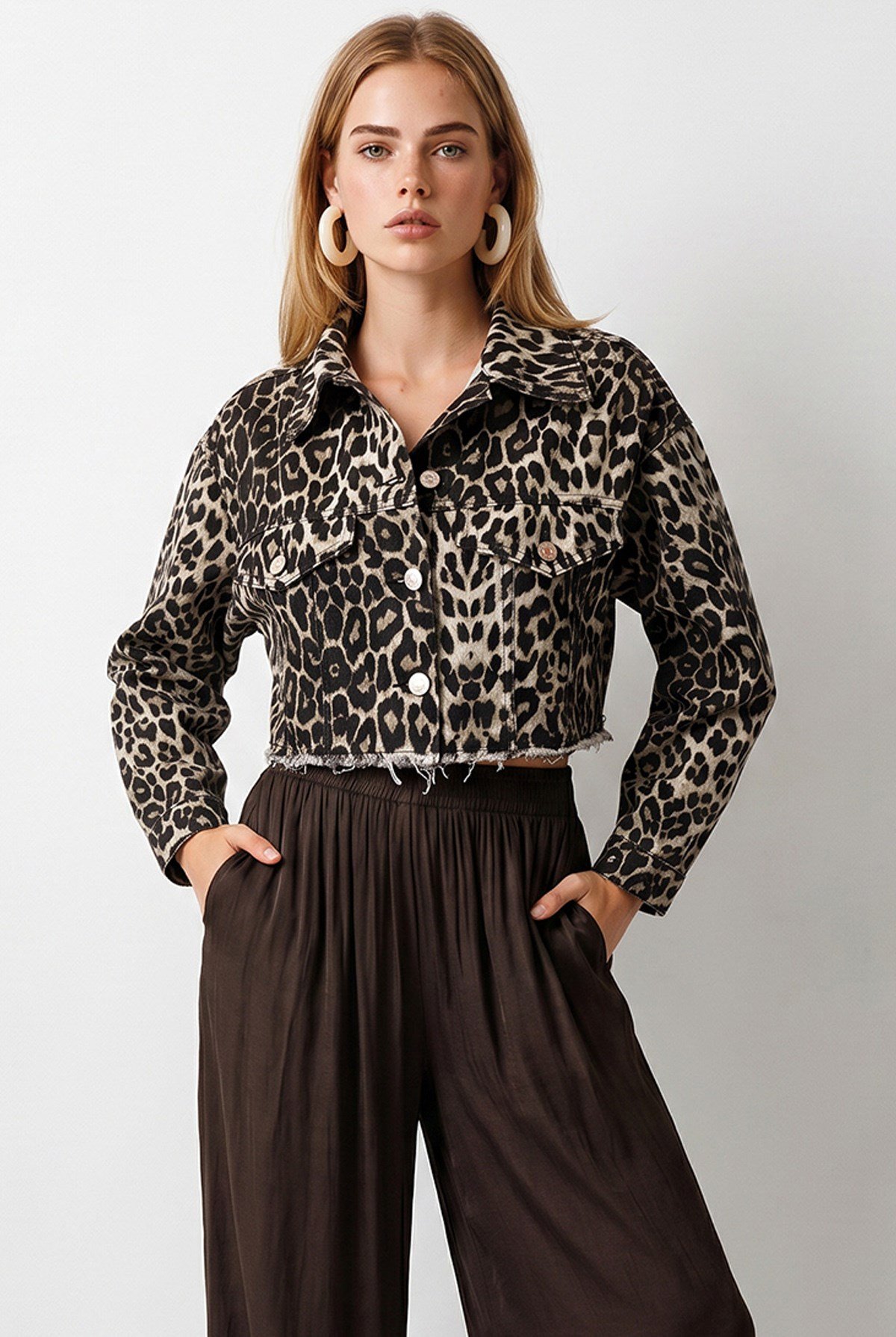 Ham Kesim Crop Denim Ceket Leopar Taş