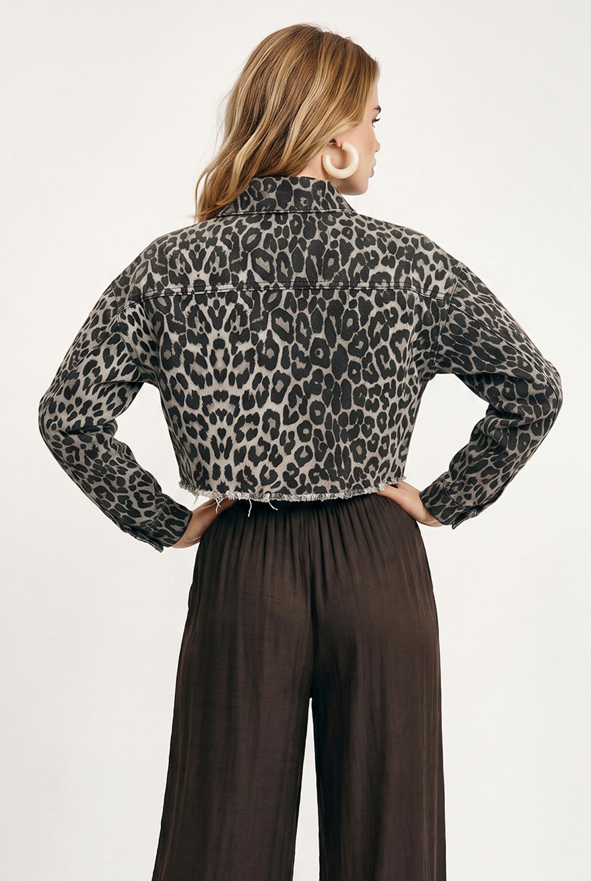 Ham Kesim Crop Denim Ceket Leopar Taş