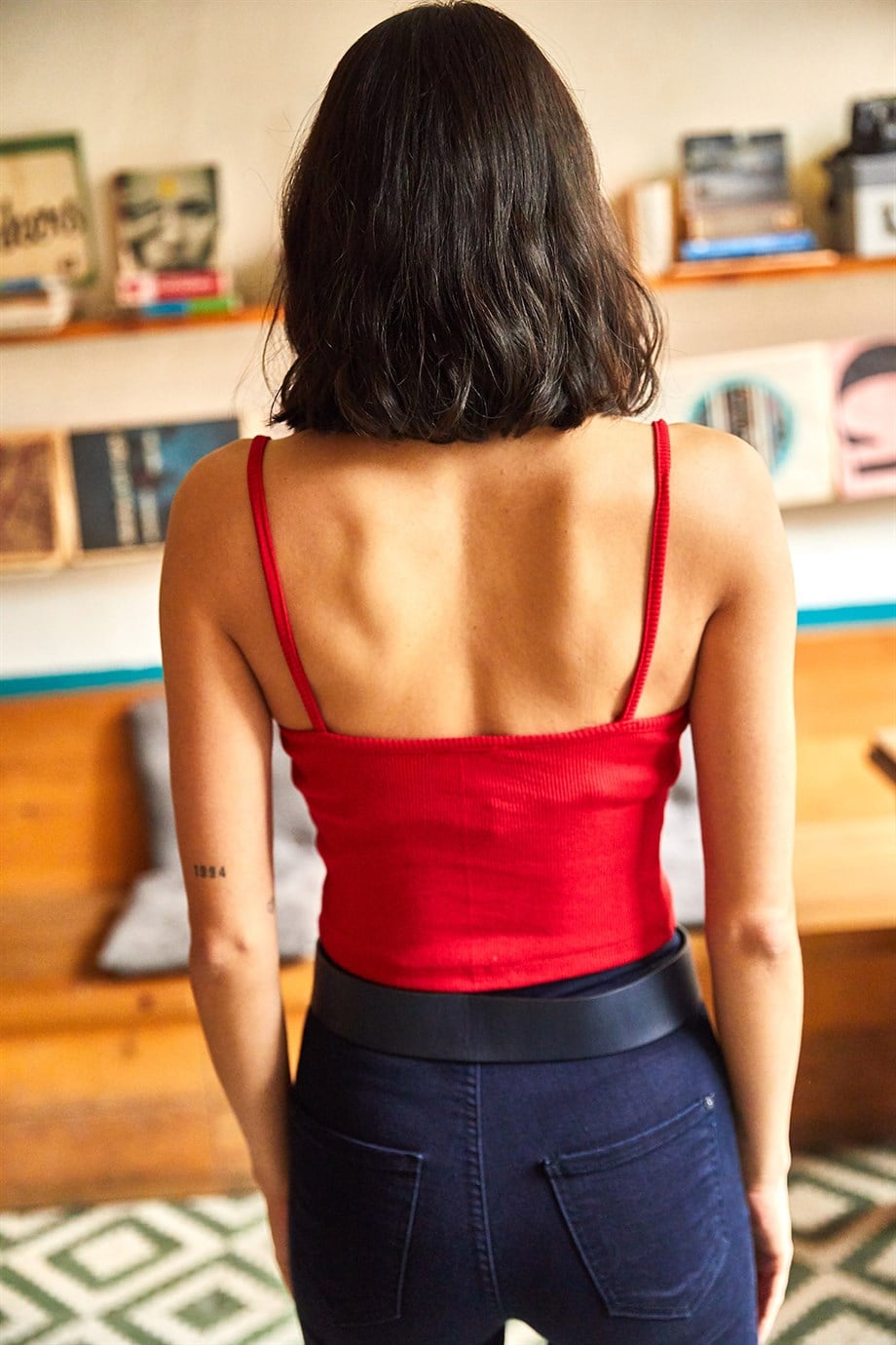 İnce Askılı 2'li Likralı Örme Crop Bluz Yeşil Kırmızı