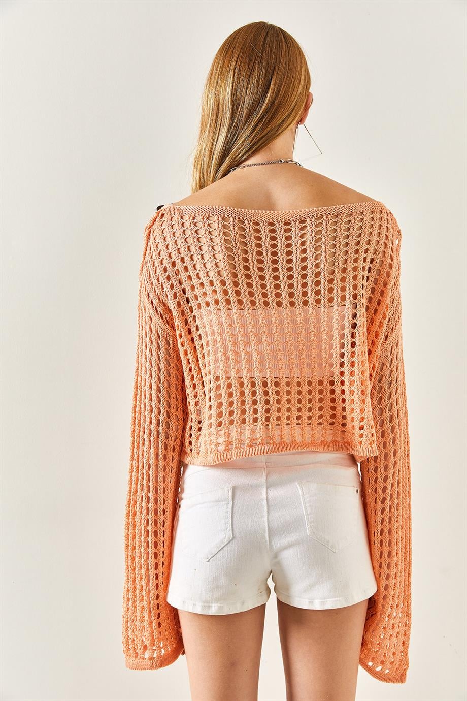 İspanyol Kol Ajurlu Crop Triko Bluz Somon