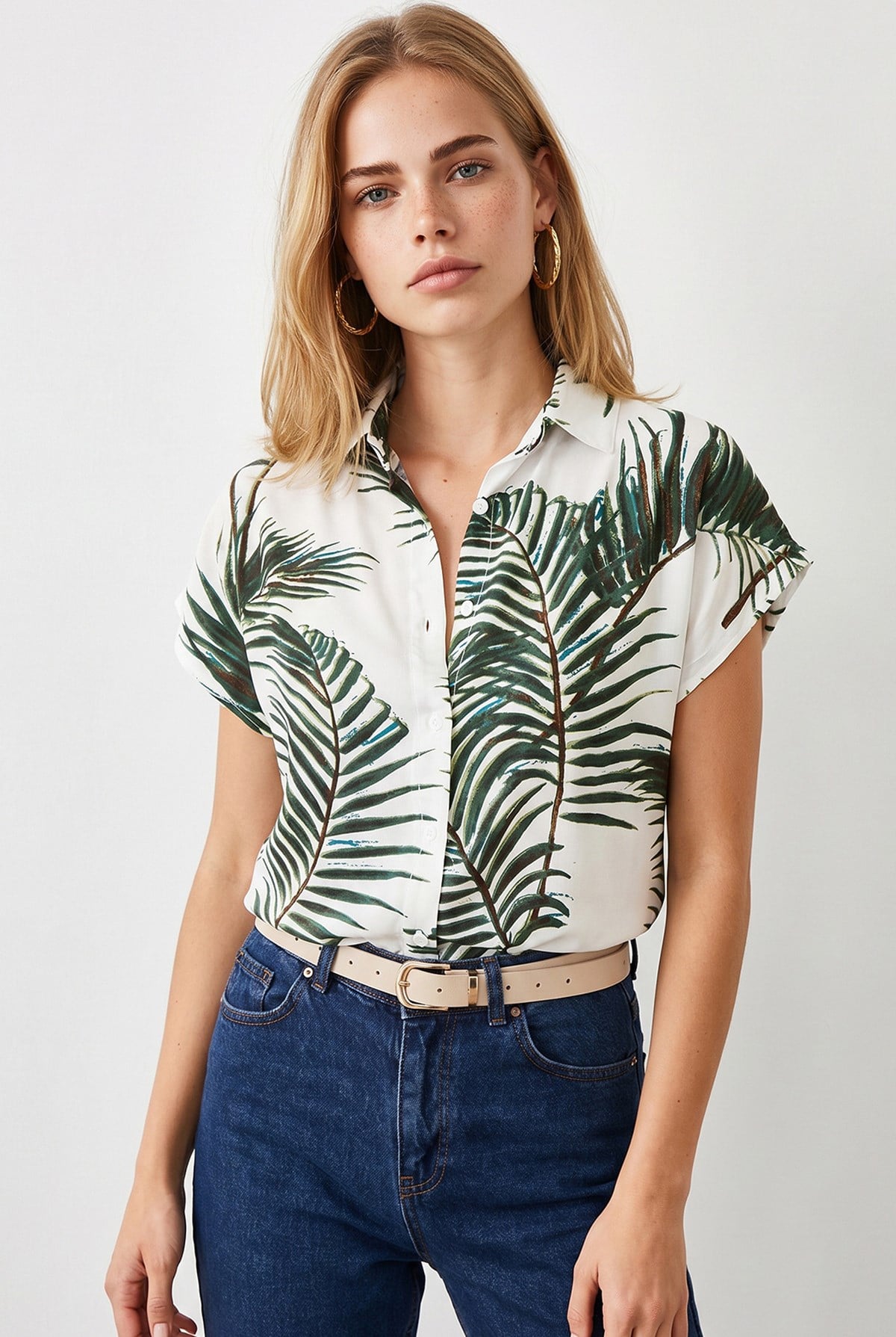 Jungle Yarasa Model Dokuma Viskon Gömlek Ekru Yeşil