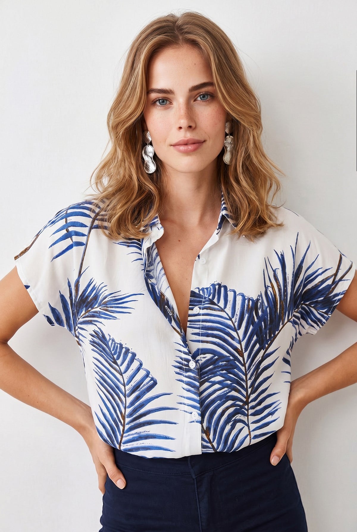 Jungle Yarasa Model Dokuma Viskon Gömlek Ekru Lacivert
