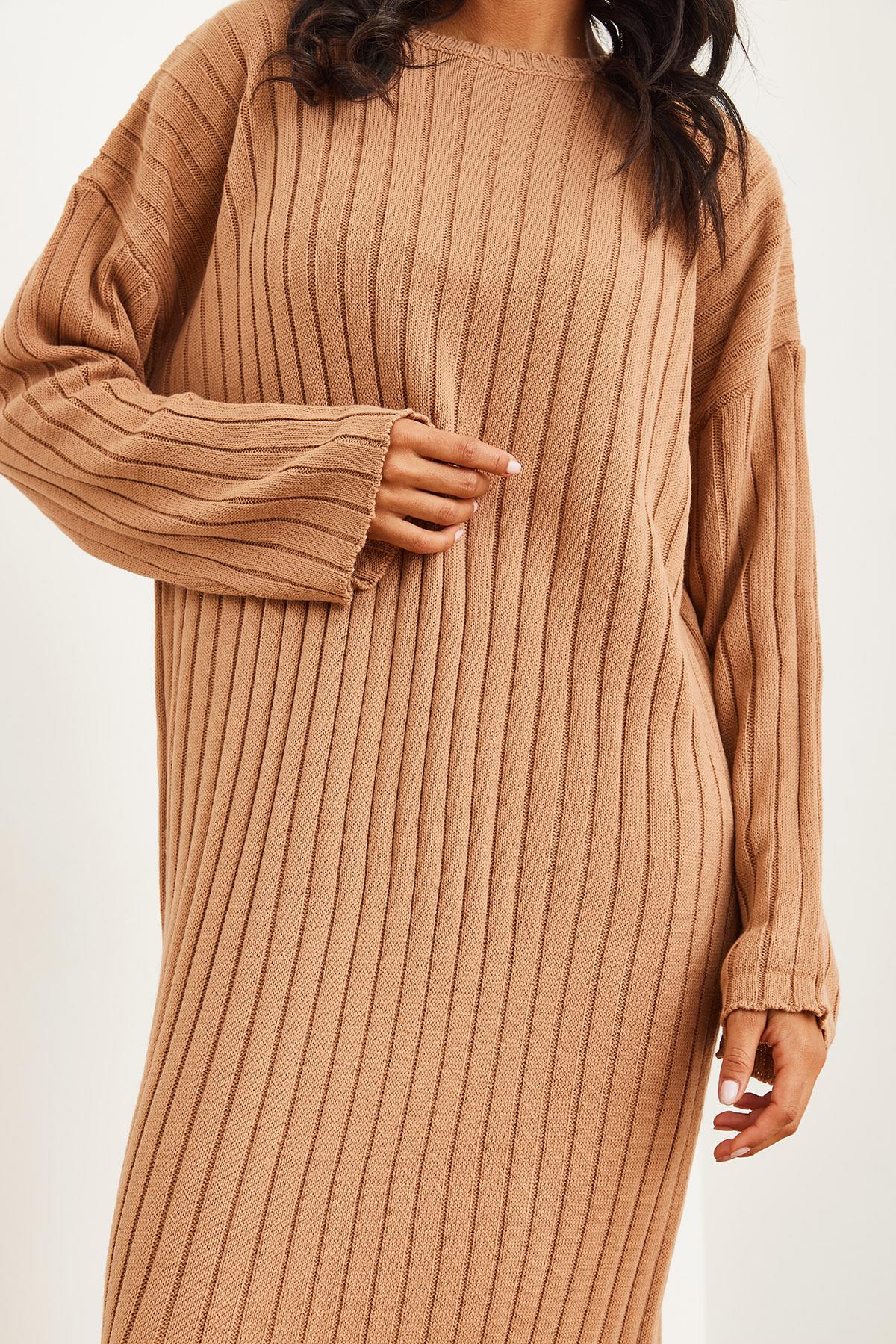 Kalın Fitilli Maxi Triko Elbise Camel