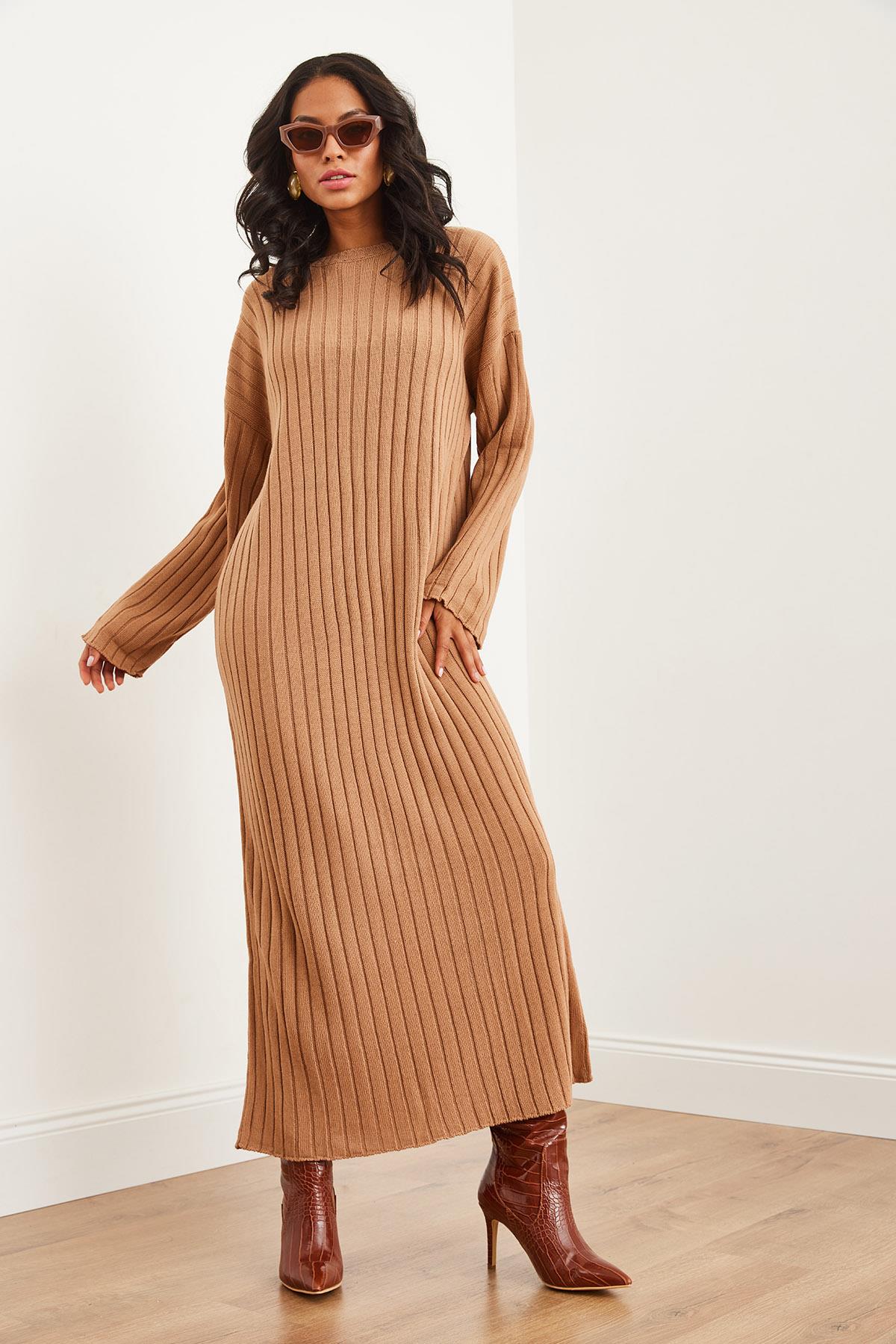 Kalın Fitilli Maxi Triko Elbise Camel
