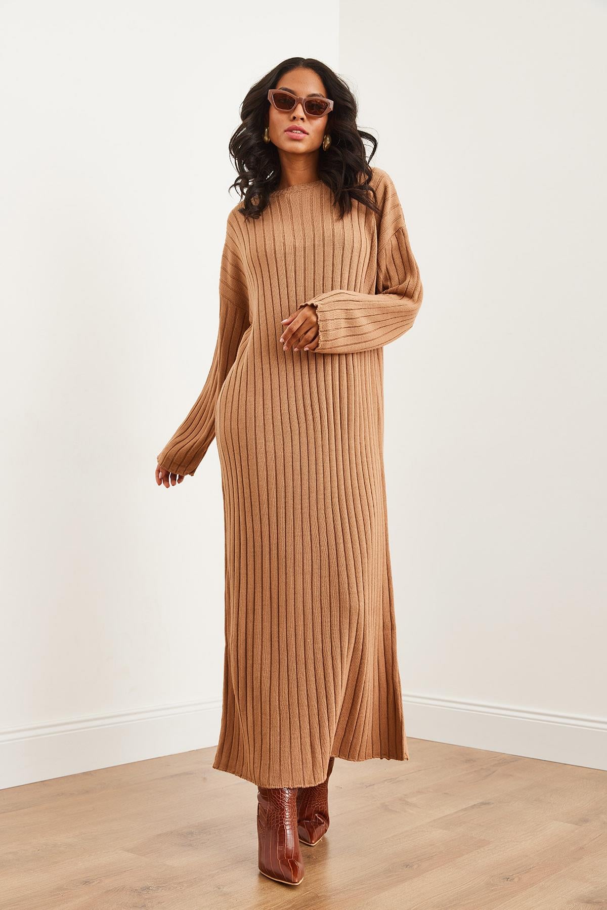 Kalın Fitilli Maxi Triko Elbise Camel