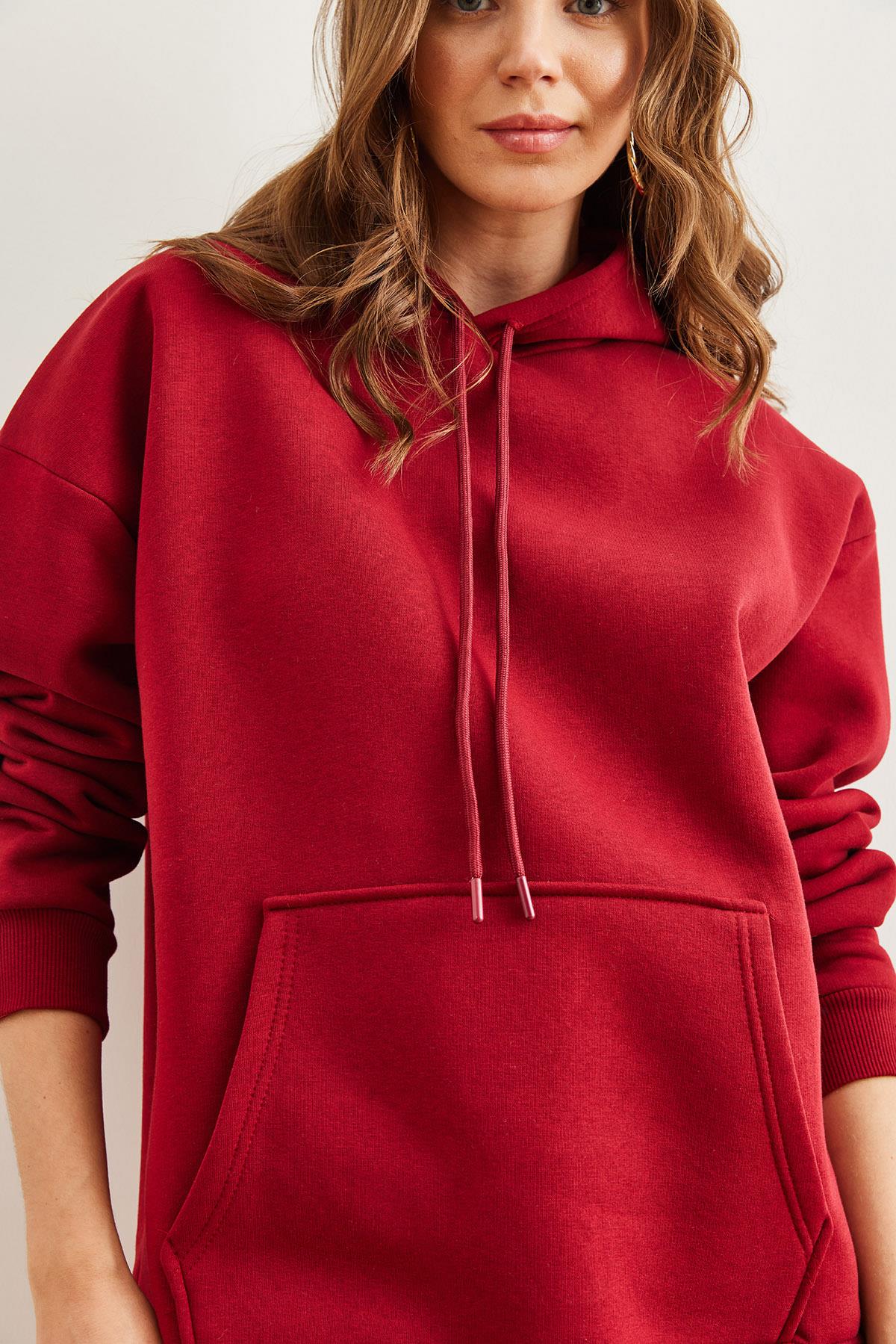 Kapüşonlu Kanguru Cepli Şardonlu Oversize Sweatshirt Bordo