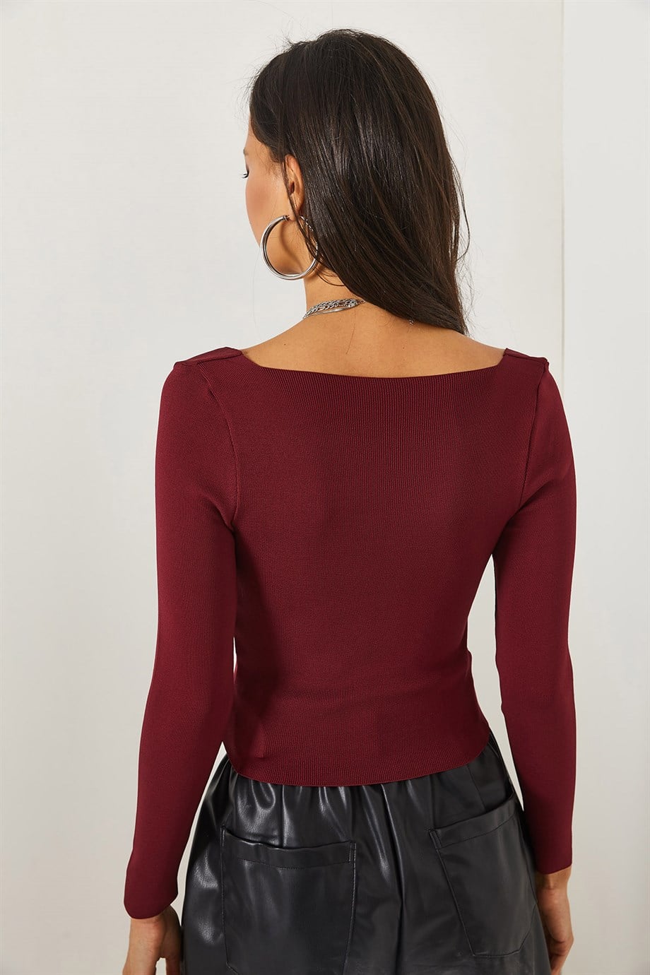 Kare Yaka Basic Triko Bluz Bordo