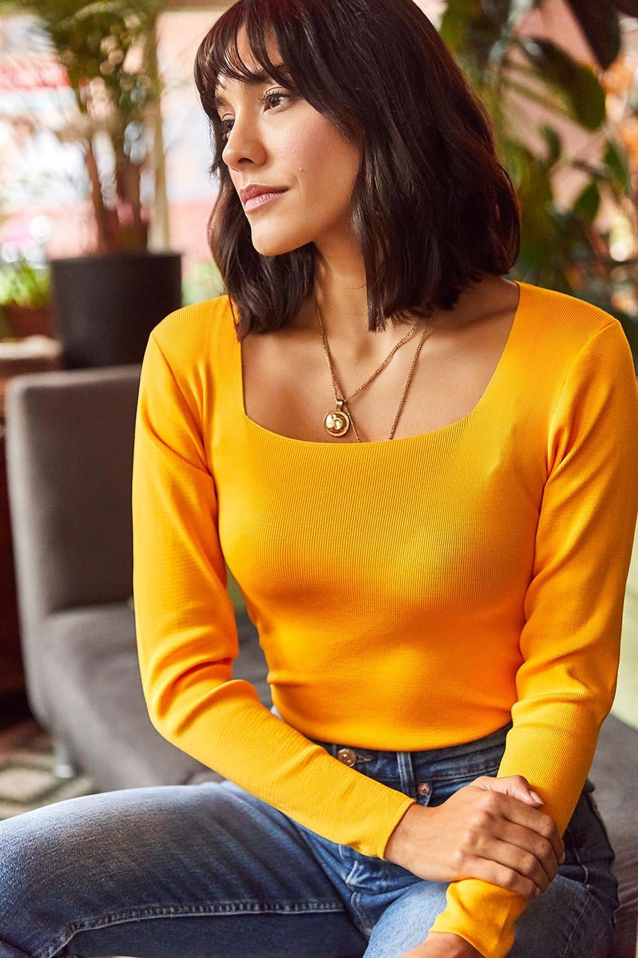 Kare Yaka Basic Triko Bluz Koyu Sarı