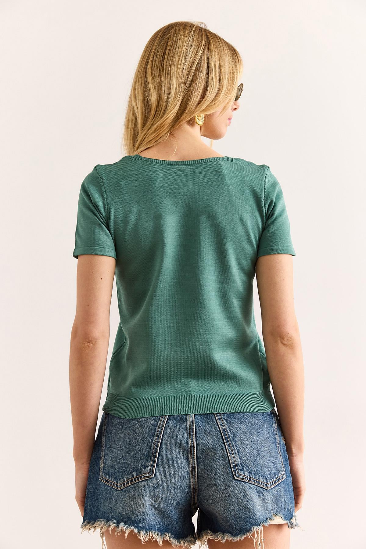 Kare Yaka Kısa Kol Basic Triko Bluz Mint Yeşili