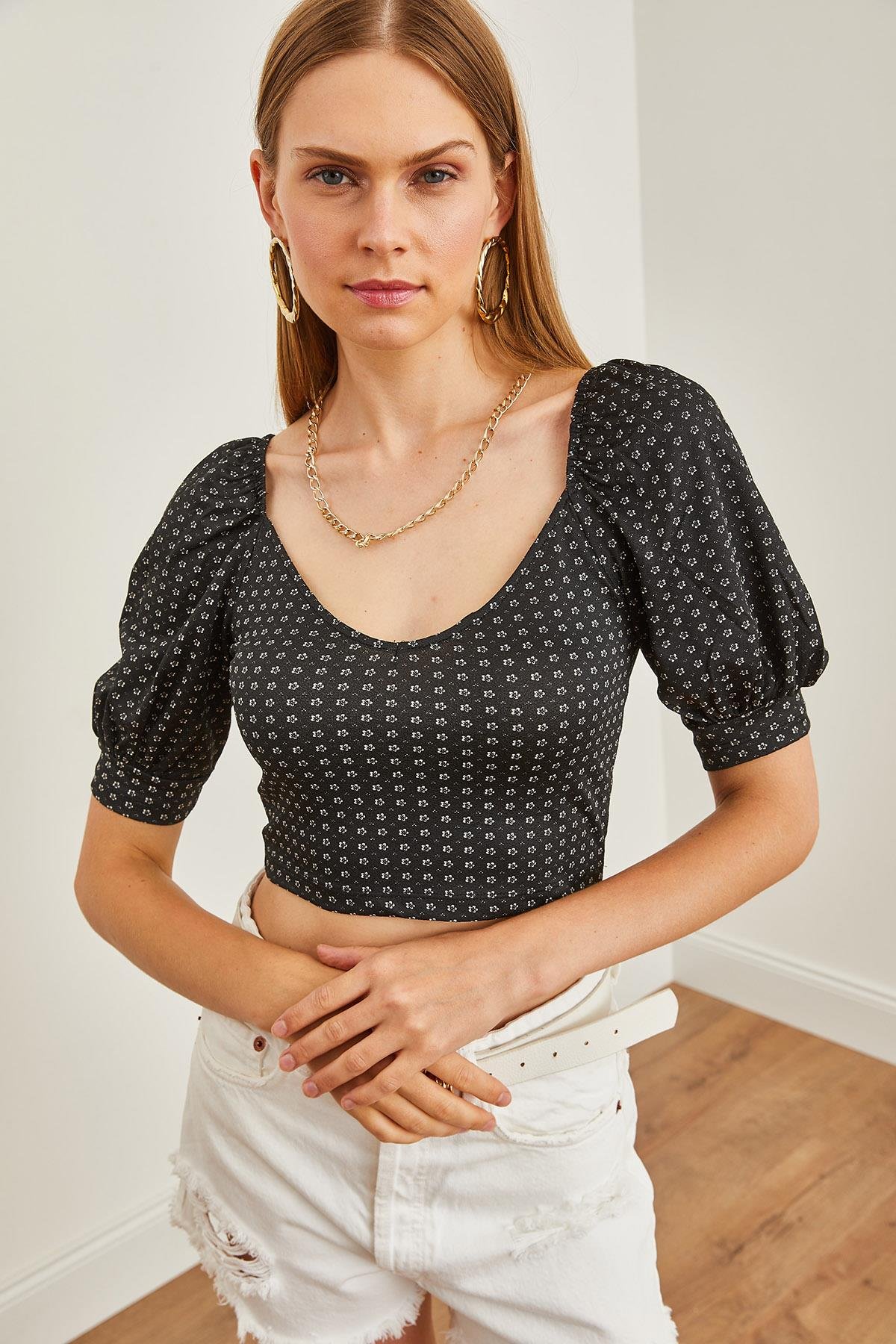 Karpuz Kol Crop Bluz Siyah